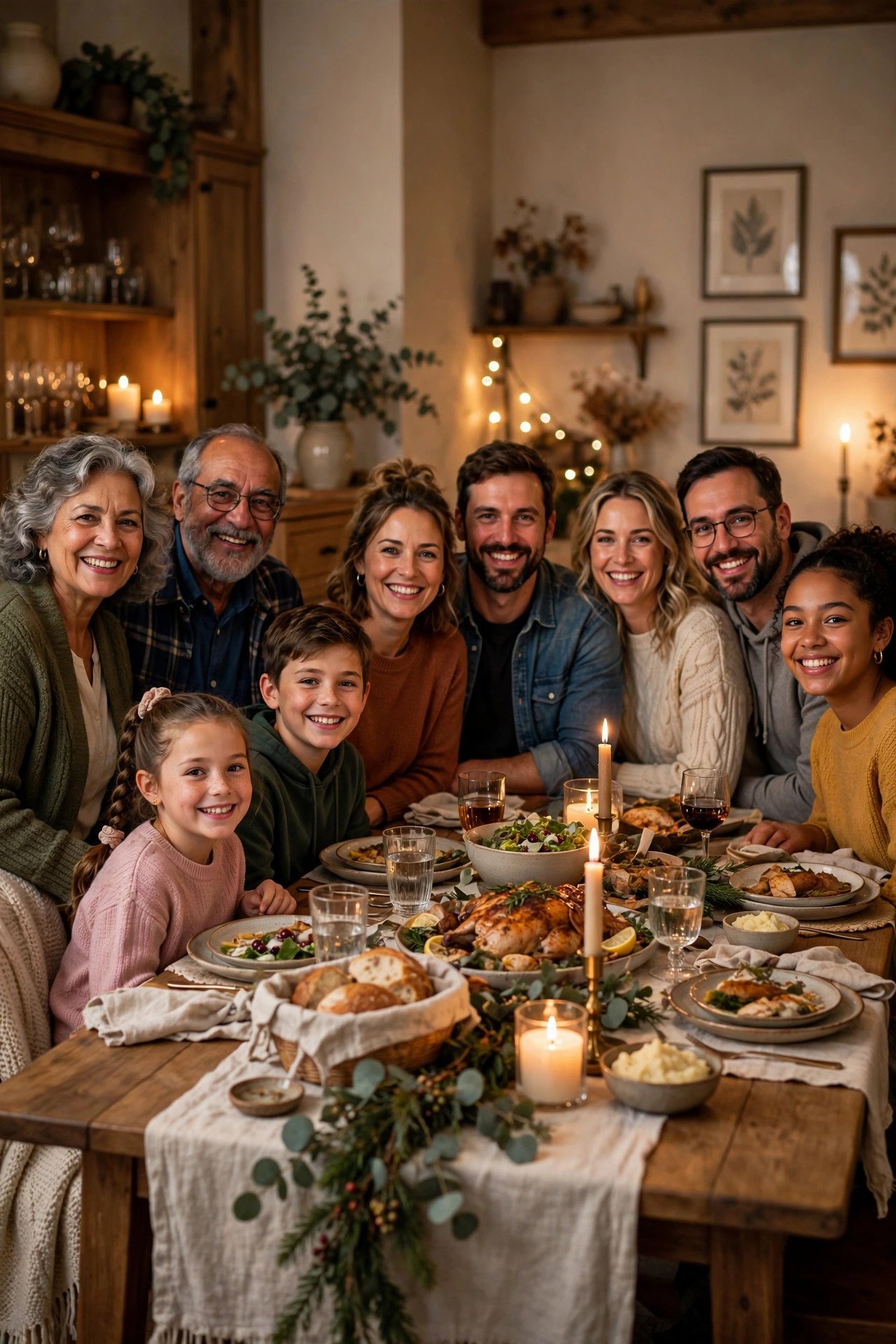 Extended family sharing a warm dinner together at home
