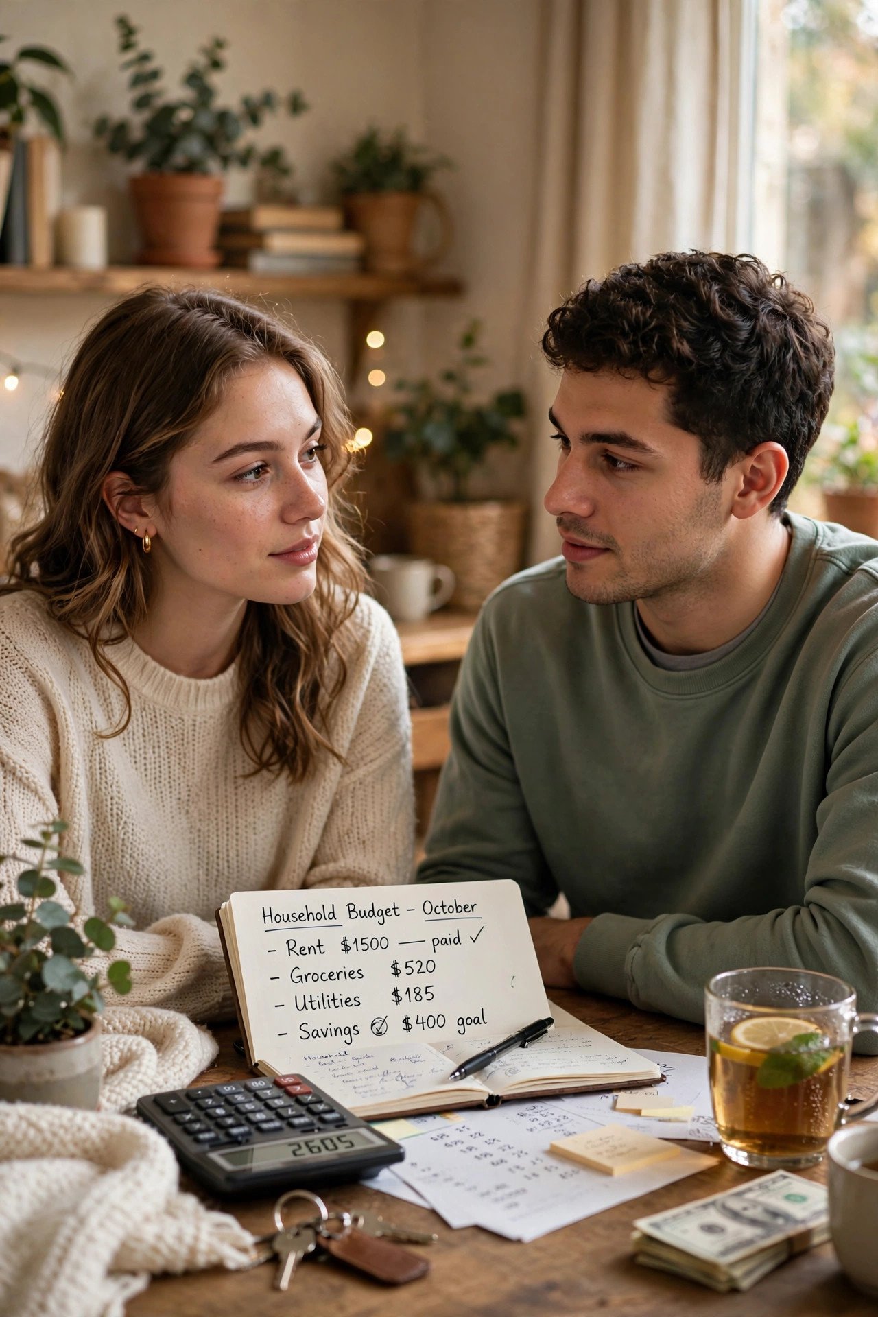 Couple calmly discussing household finances with a notebook