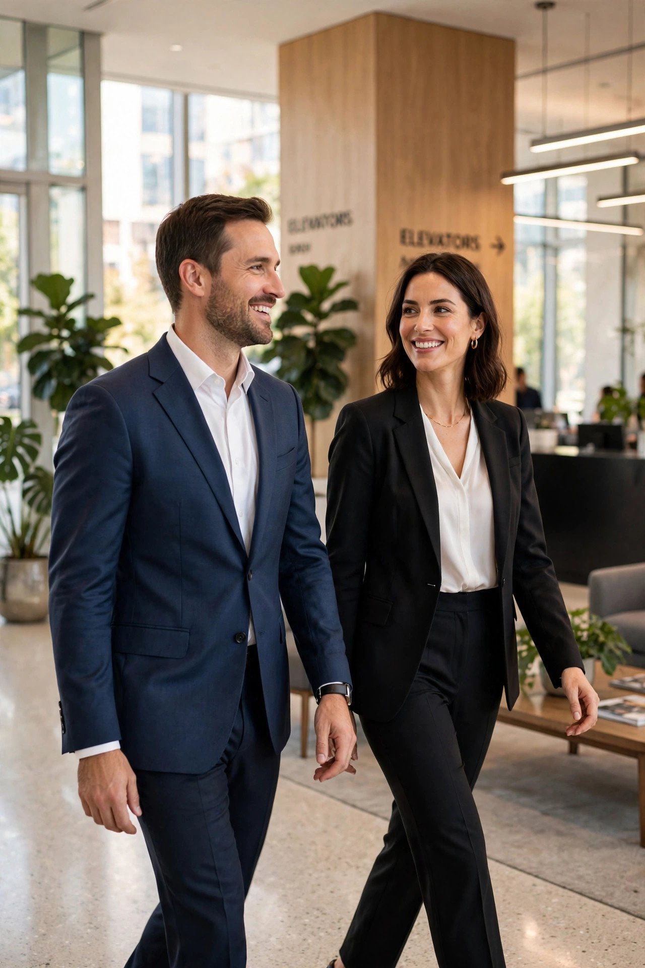 Professional couple walking together in a modern office lobby
