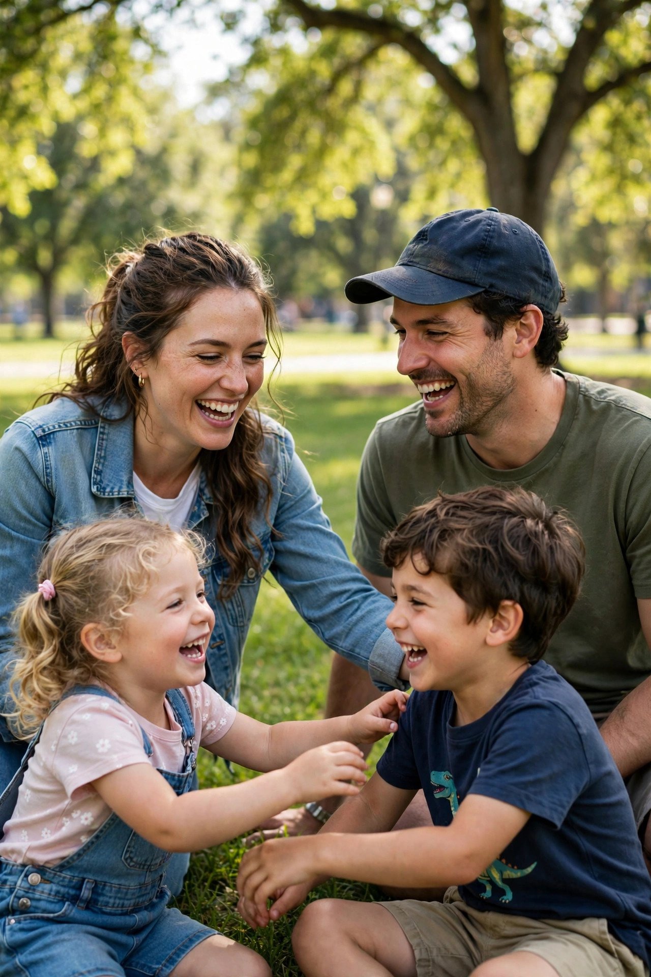 Happy couple playing with their children in a sunny park