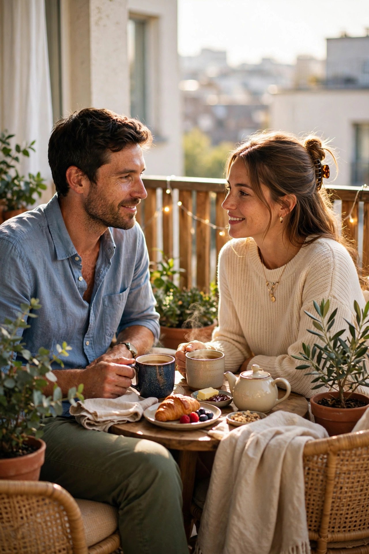 Couple enjoying morning tea together on a sunny balcony