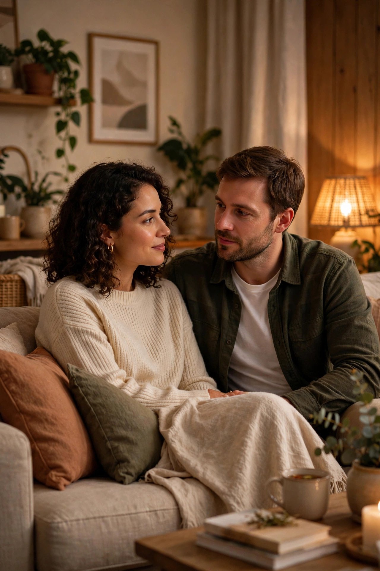 Couple having a calm heartfelt conversation on a sofa