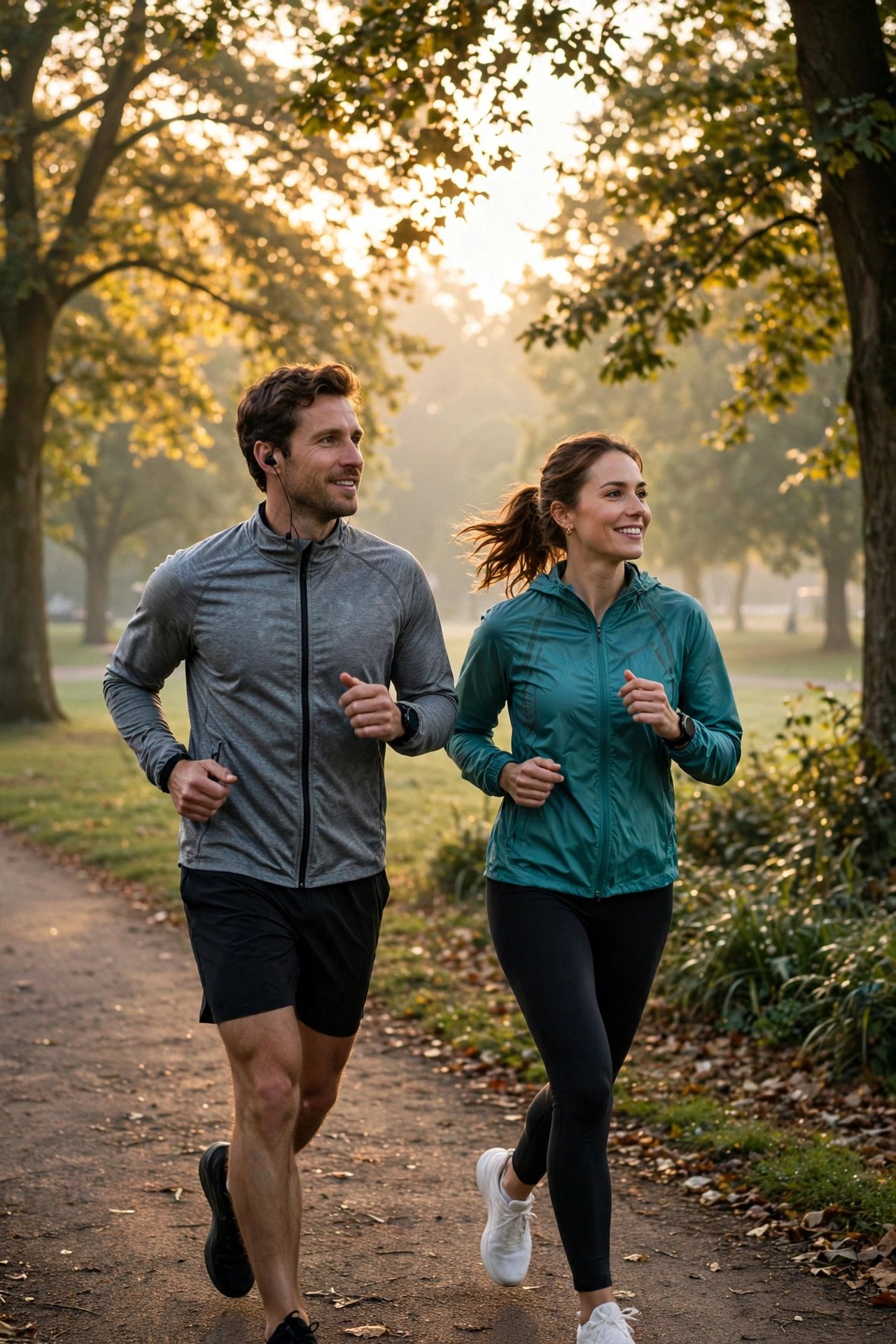Couple jogging together on a park path at sunrise