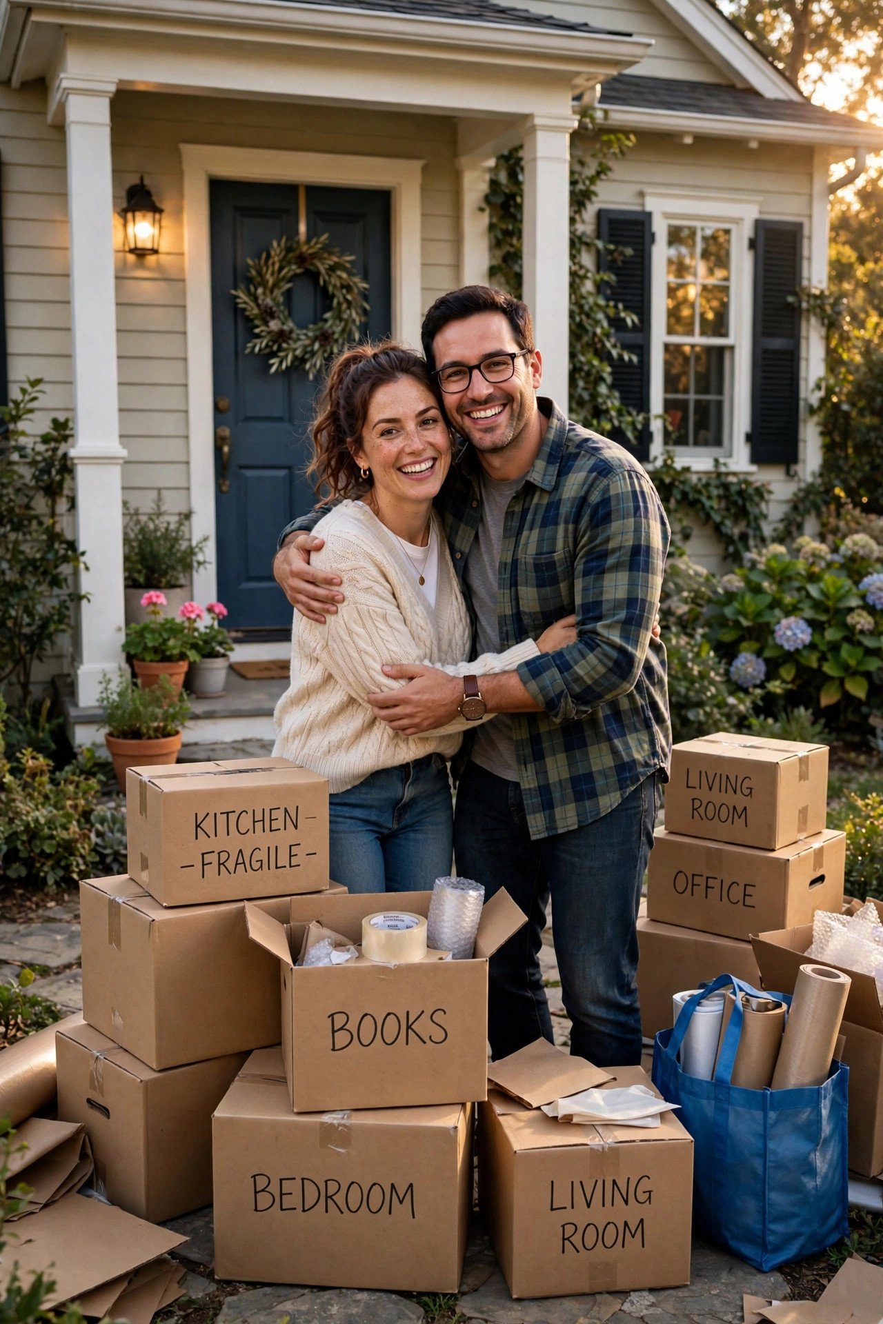 Couple standing in front of their new cozy home with moving boxes