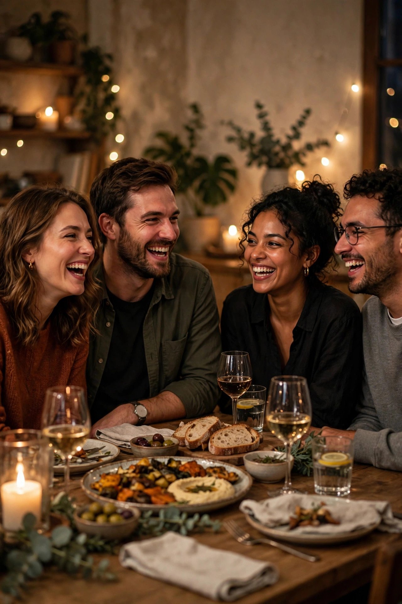 Couple laughing with friends at a casual dinner party