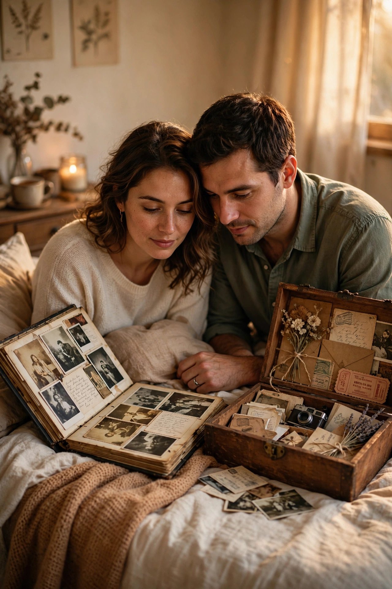 Couple looking through an old photo album and memory box together