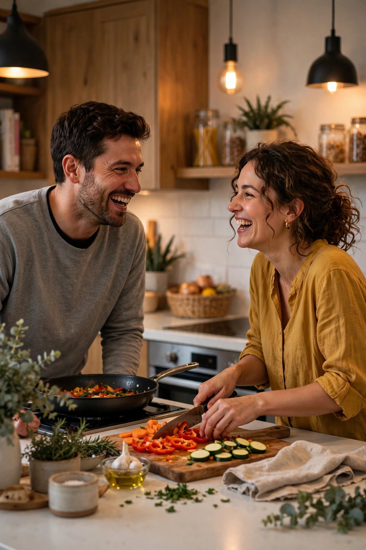 Couple cooking dinner together in a modern kitchen
