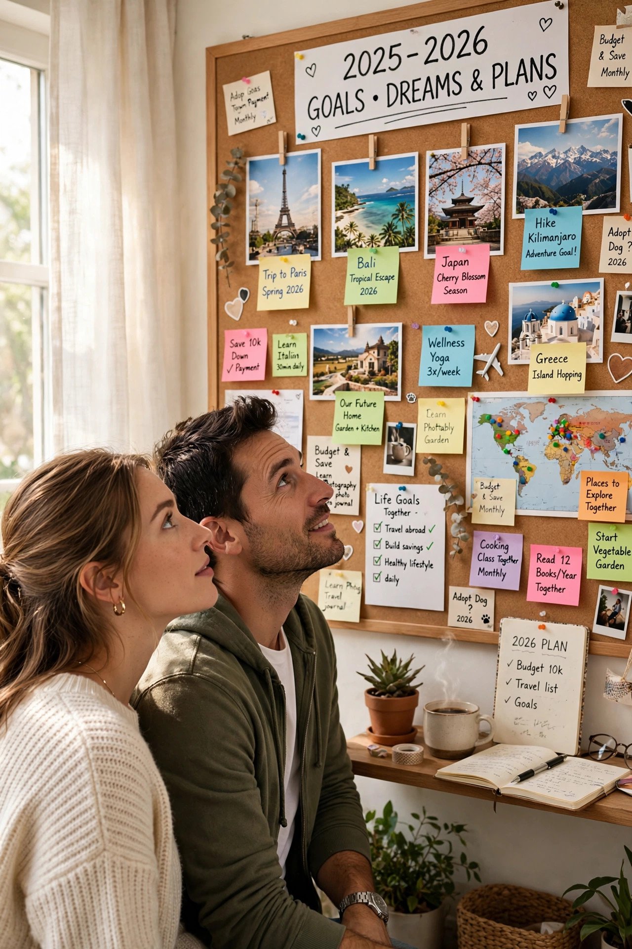 Couple planning their future with a vision board of dreams