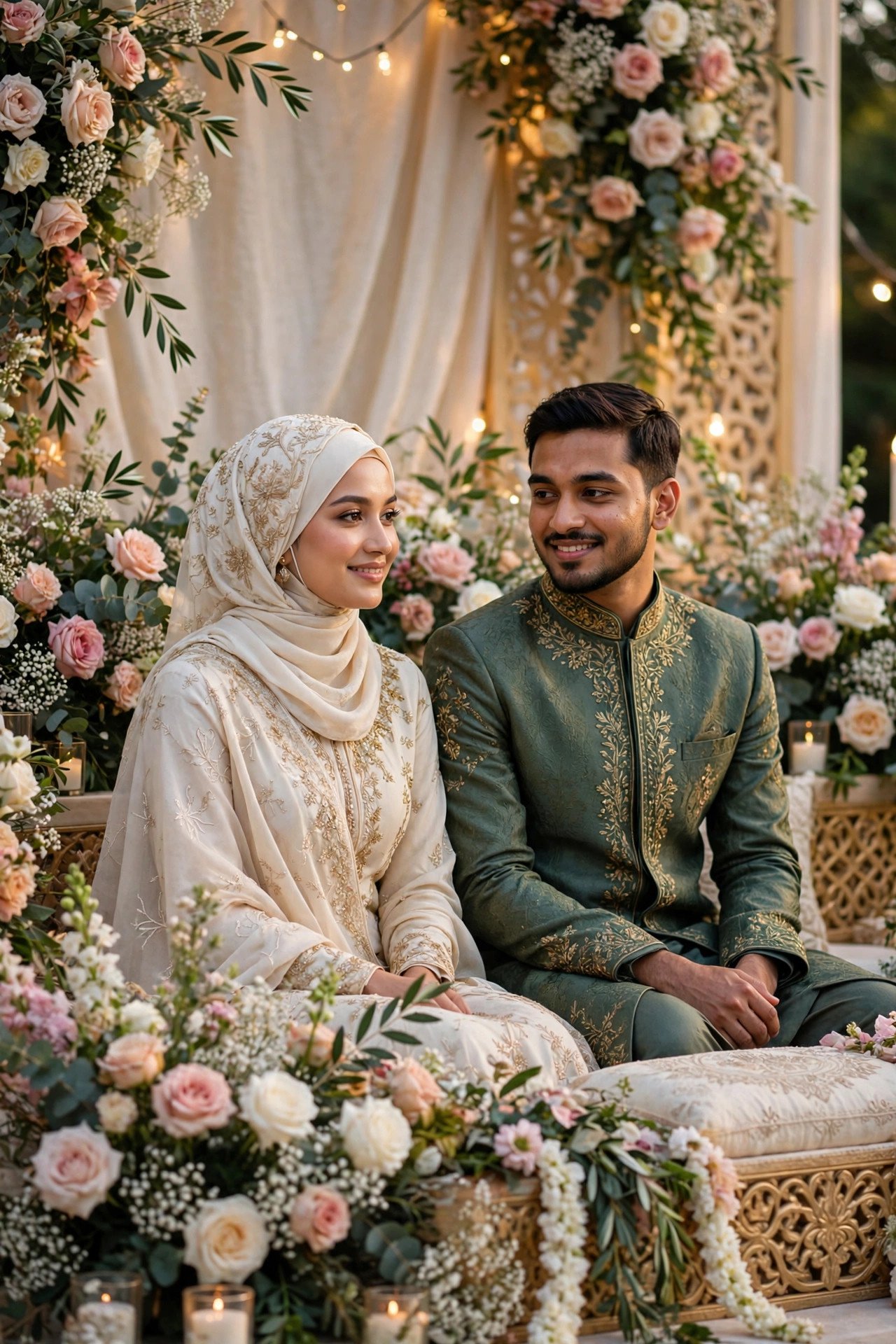 Elegant Muslim wedding ceremony with bride and groom on a decorated stage