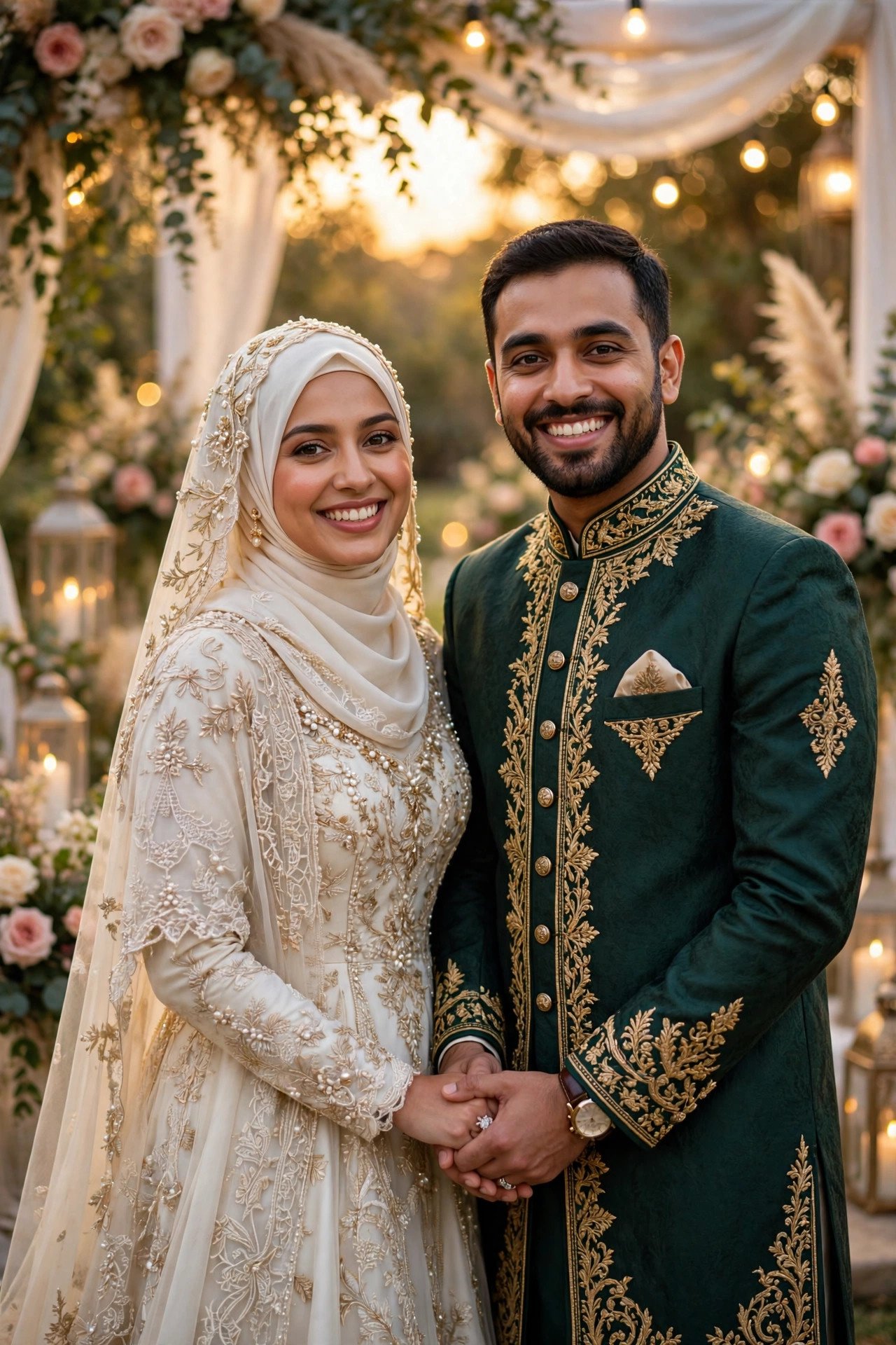 Joyful Muslim bride and groom in elegant modest wedding attire holding hands