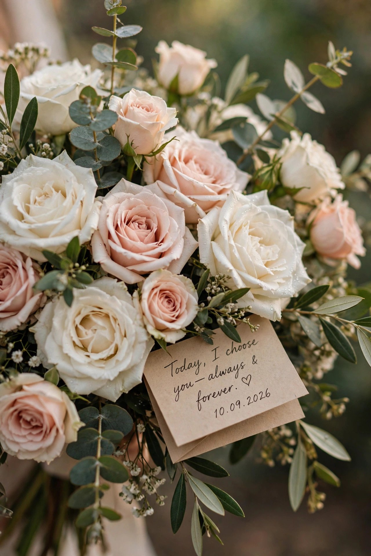 Short sweet note card tucked into a bridal bouquet