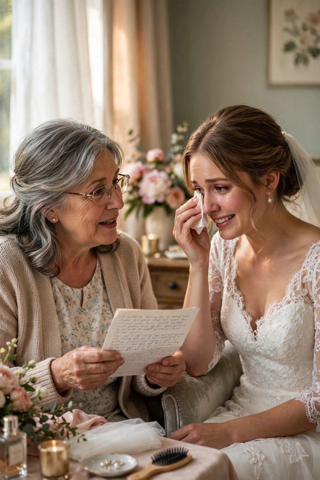 Mother-in-law reading an emotional keepsake letter to the bride