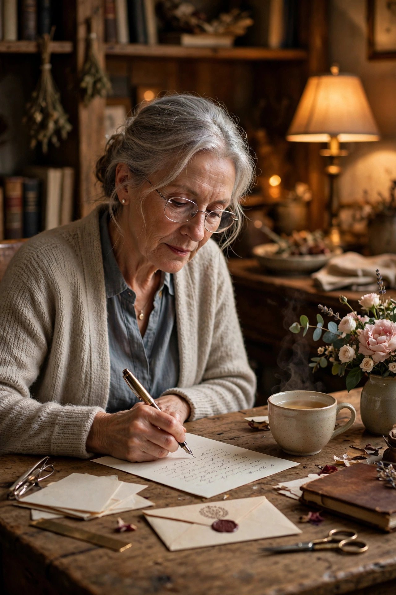 Older woman writing a wise advice letter at a desk with tea