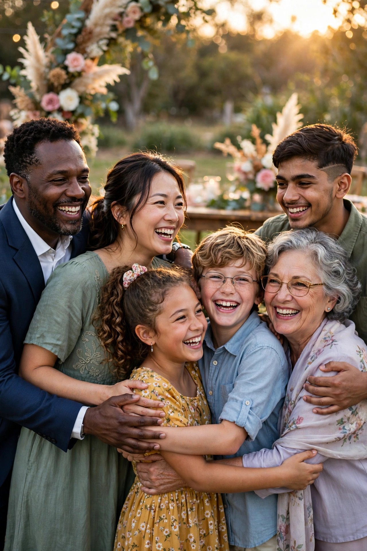 Blended family sharing a joyful group hug at a wedding