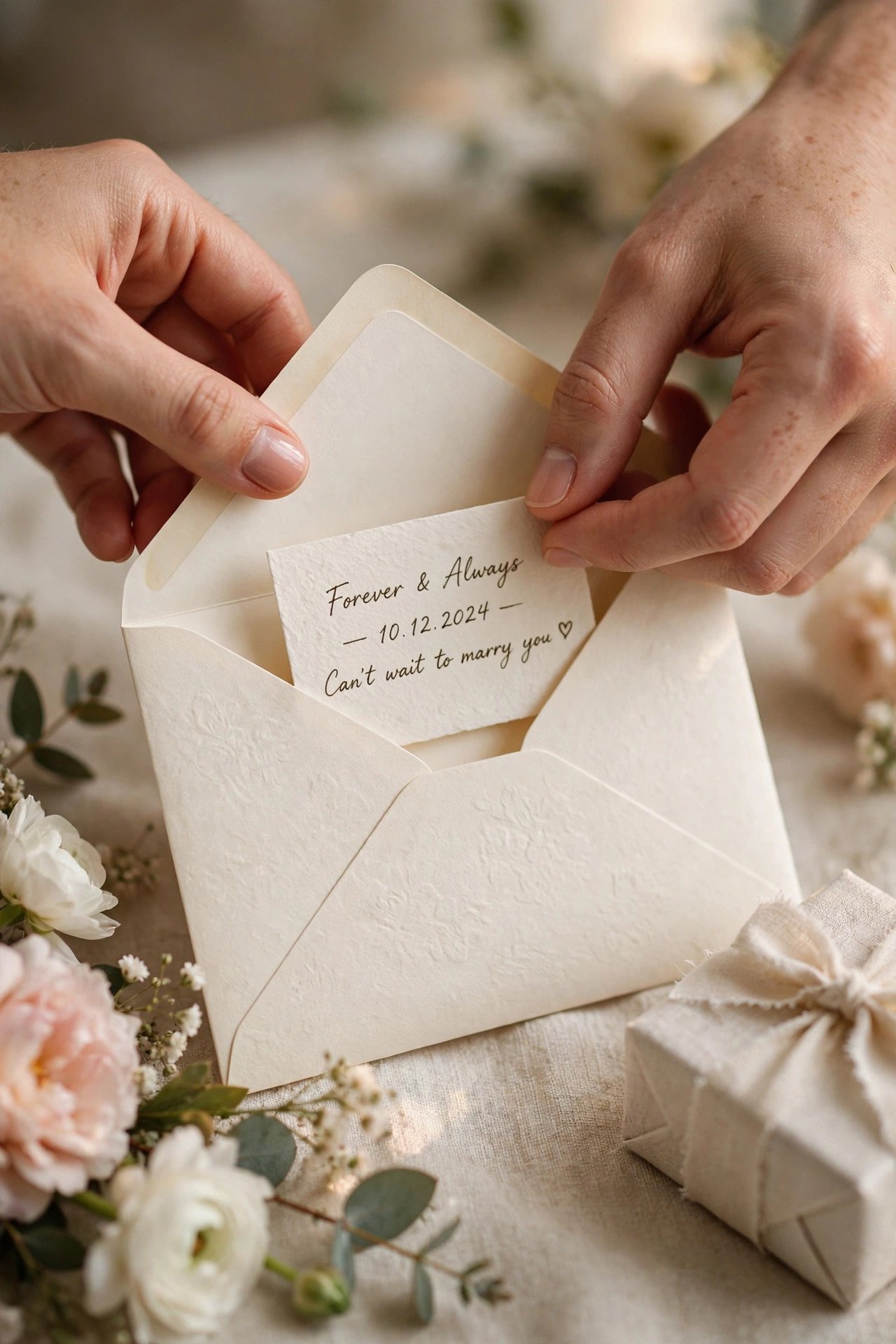 Small card being slipped into a wedding-day envelope
