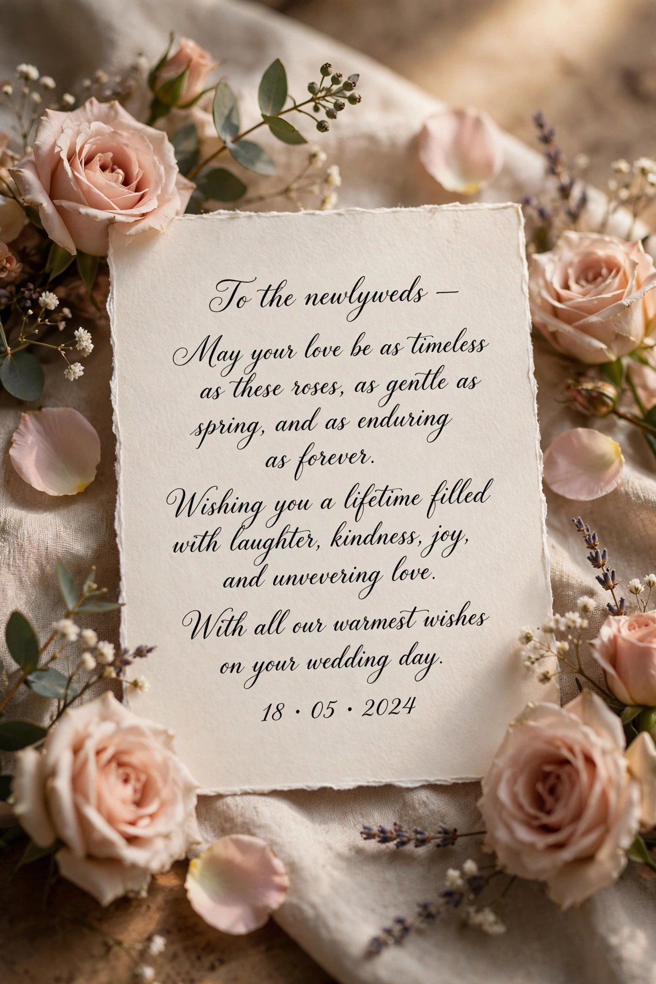 Elegant handwritten wedding wish on a calligraphy card with roses