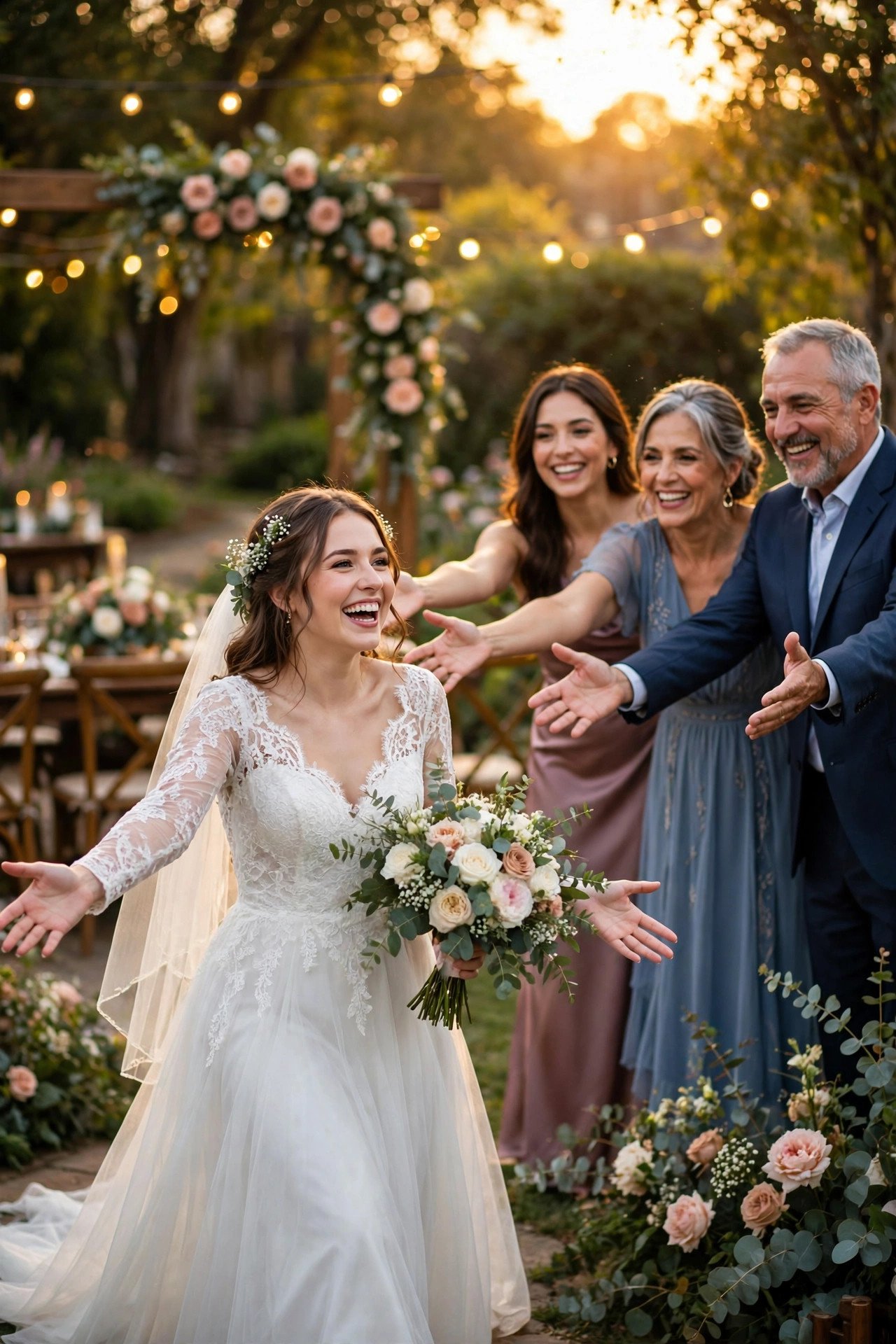 Bride joyfully welcomed by family with open arms at wedding