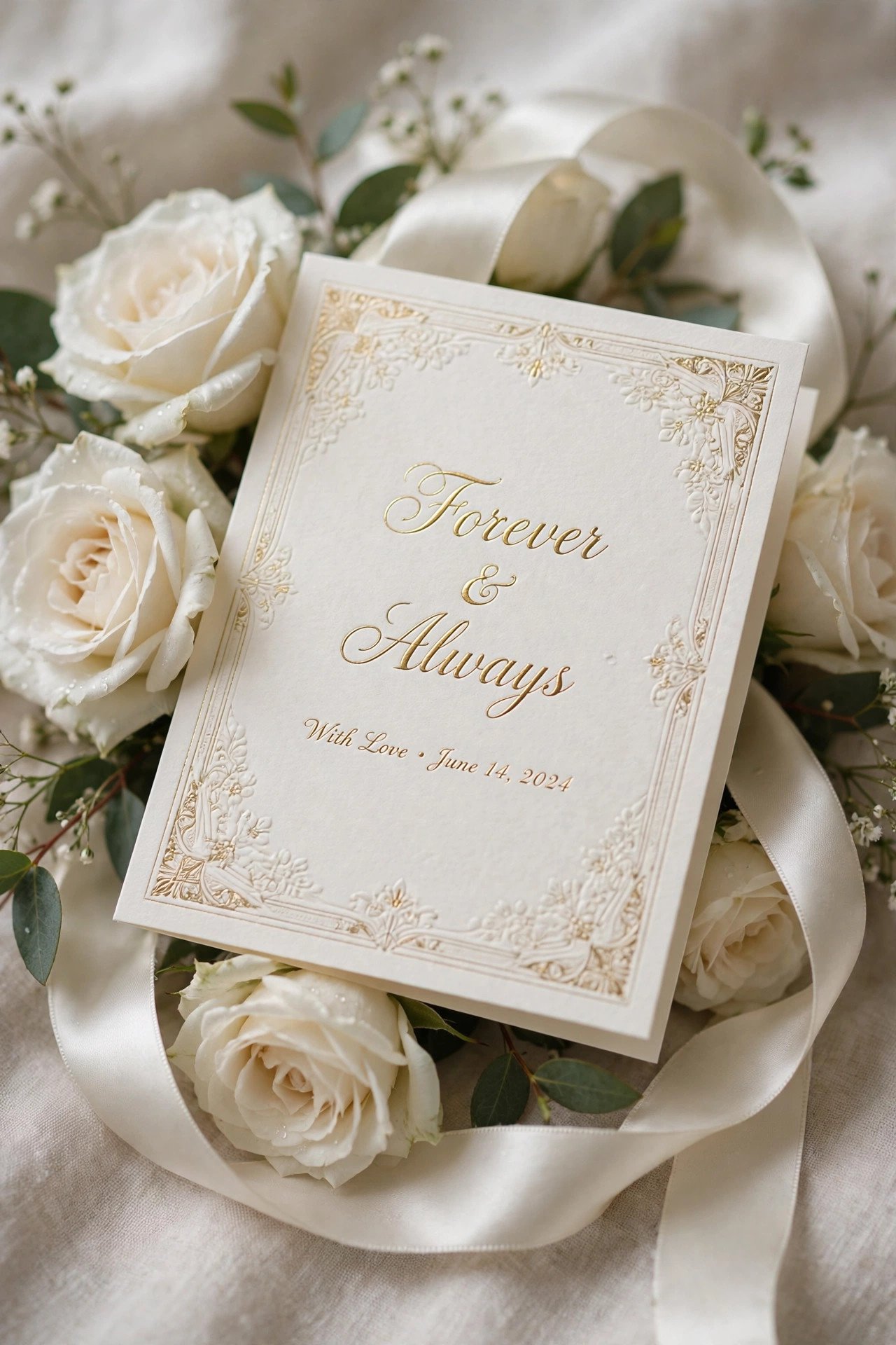 Wedding greeting card with gold lettering on white roses