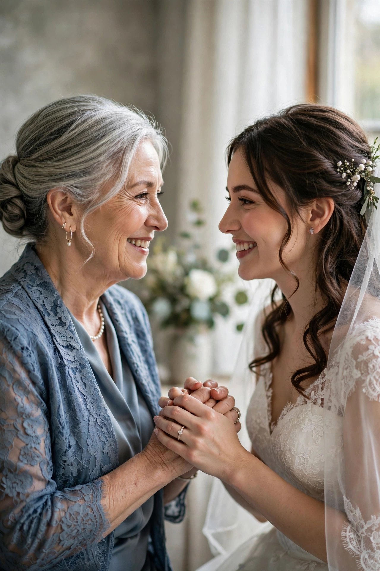 Mother-in-law and bride holding hands, sharing a tender smile