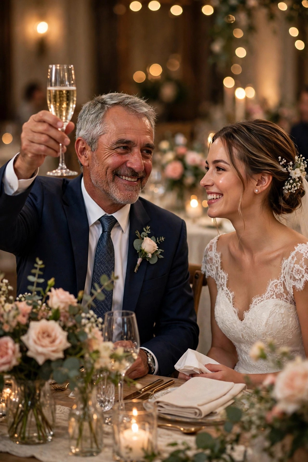 Father-in-law raising a toast to the smiling bride at reception