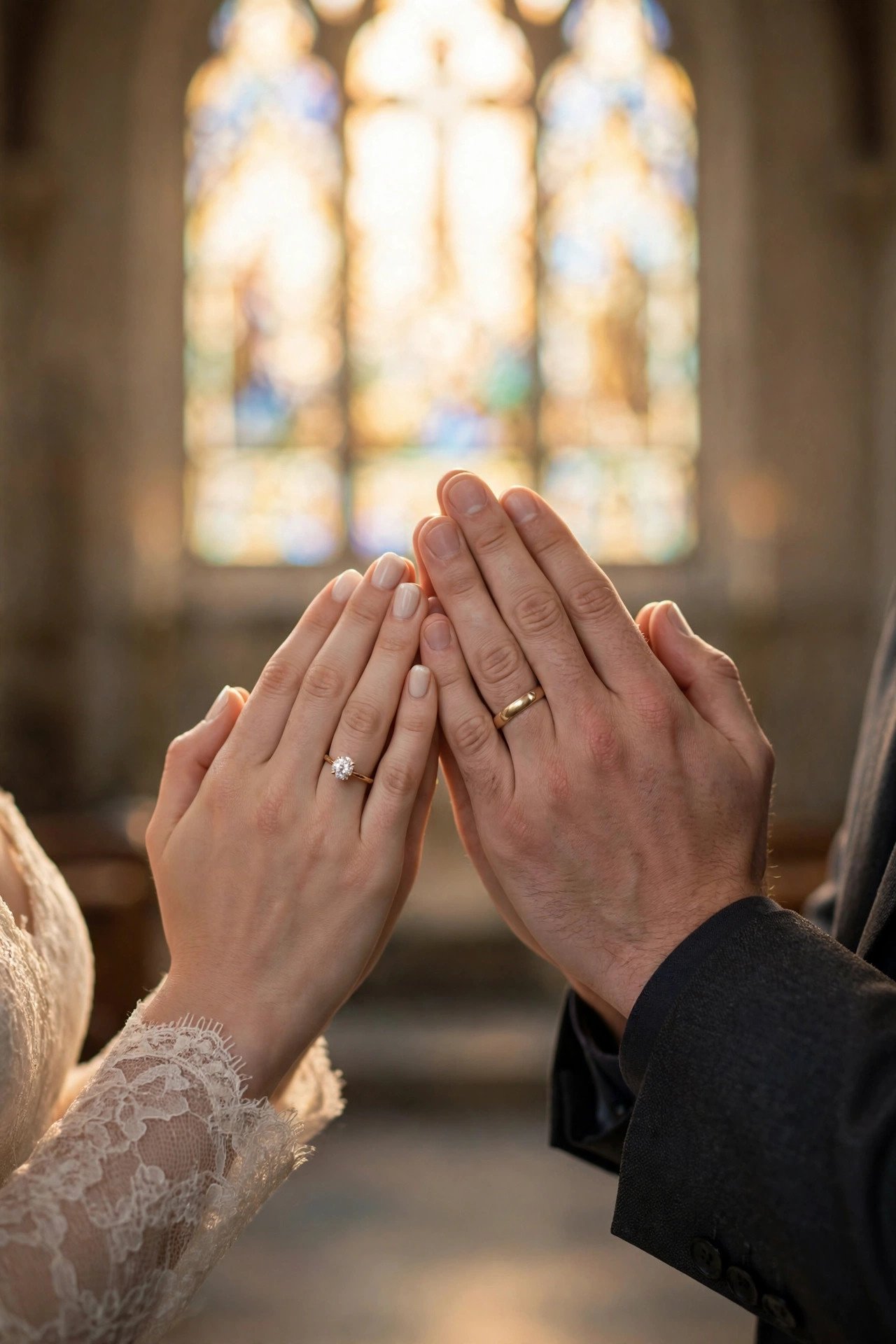 Couple's hands with wedding rings folded in prayer, church light