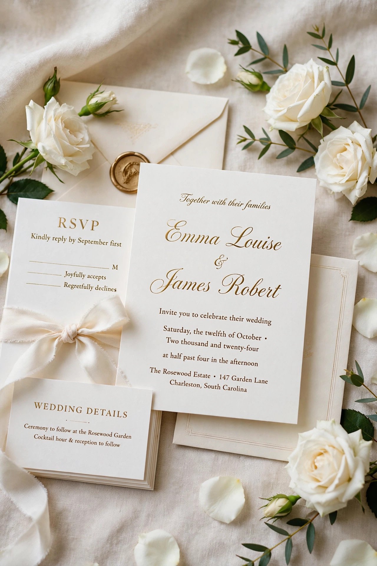 Elegant formal wedding stationery suite with gold foil