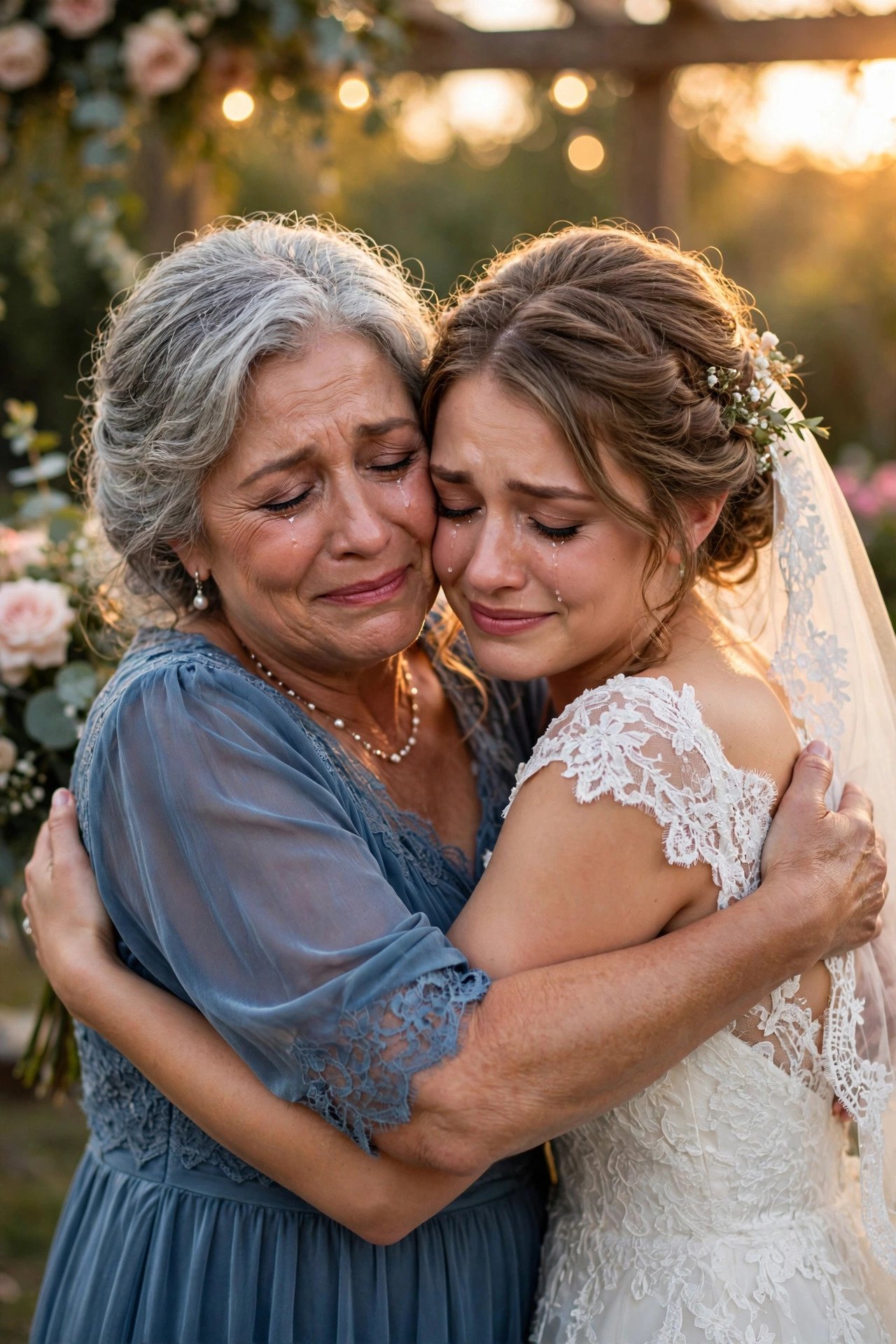 Emotional hug between mother-in-law and bride at wedding