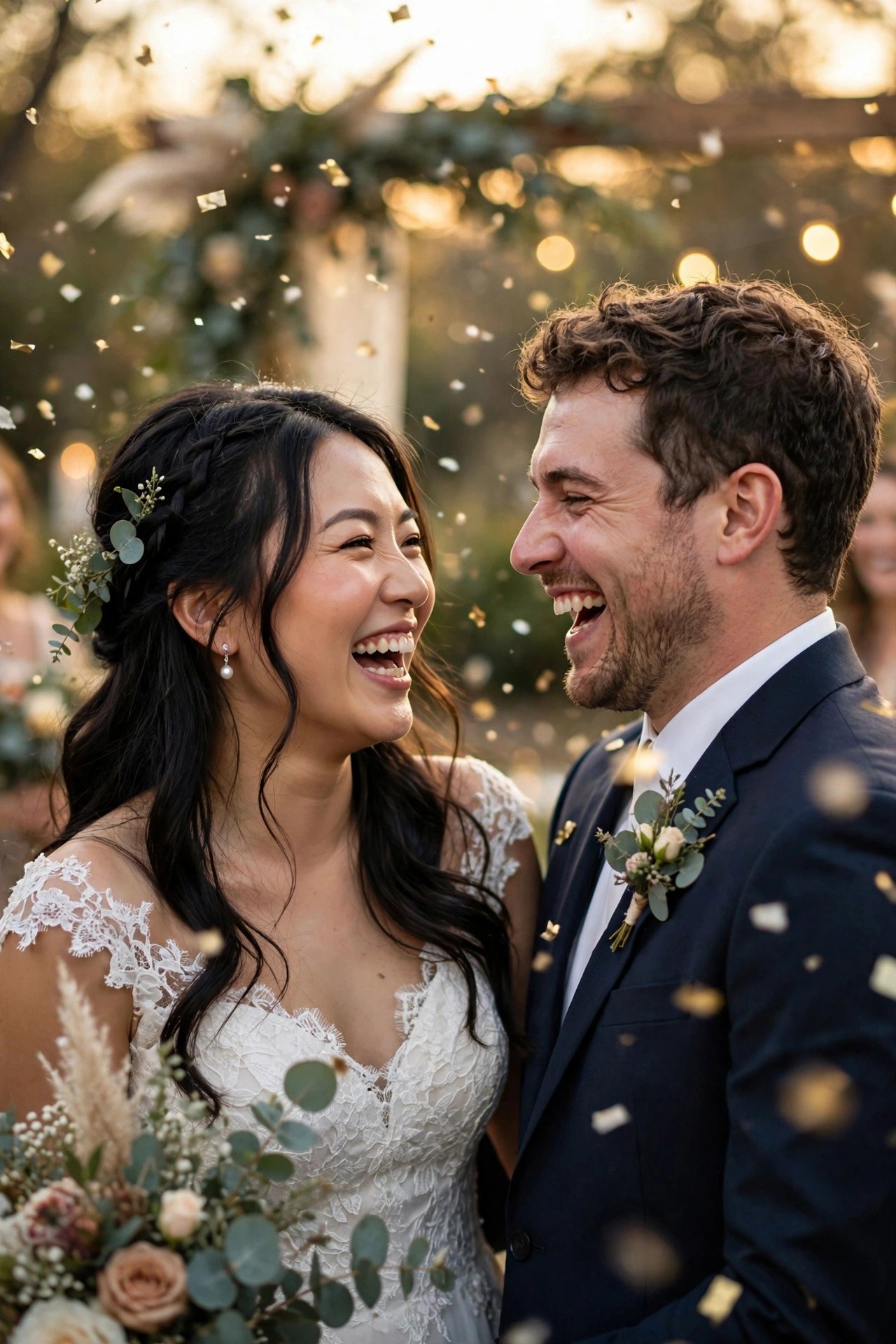 Happy newlywed couple laughing together at their wedding