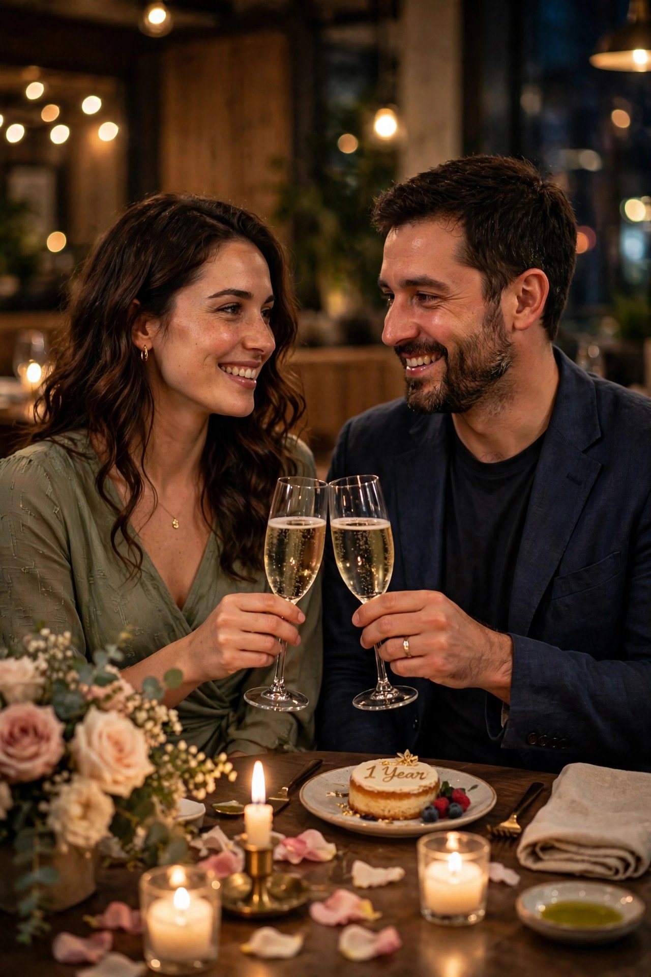 Couple celebrating their first wedding anniversary with champagne