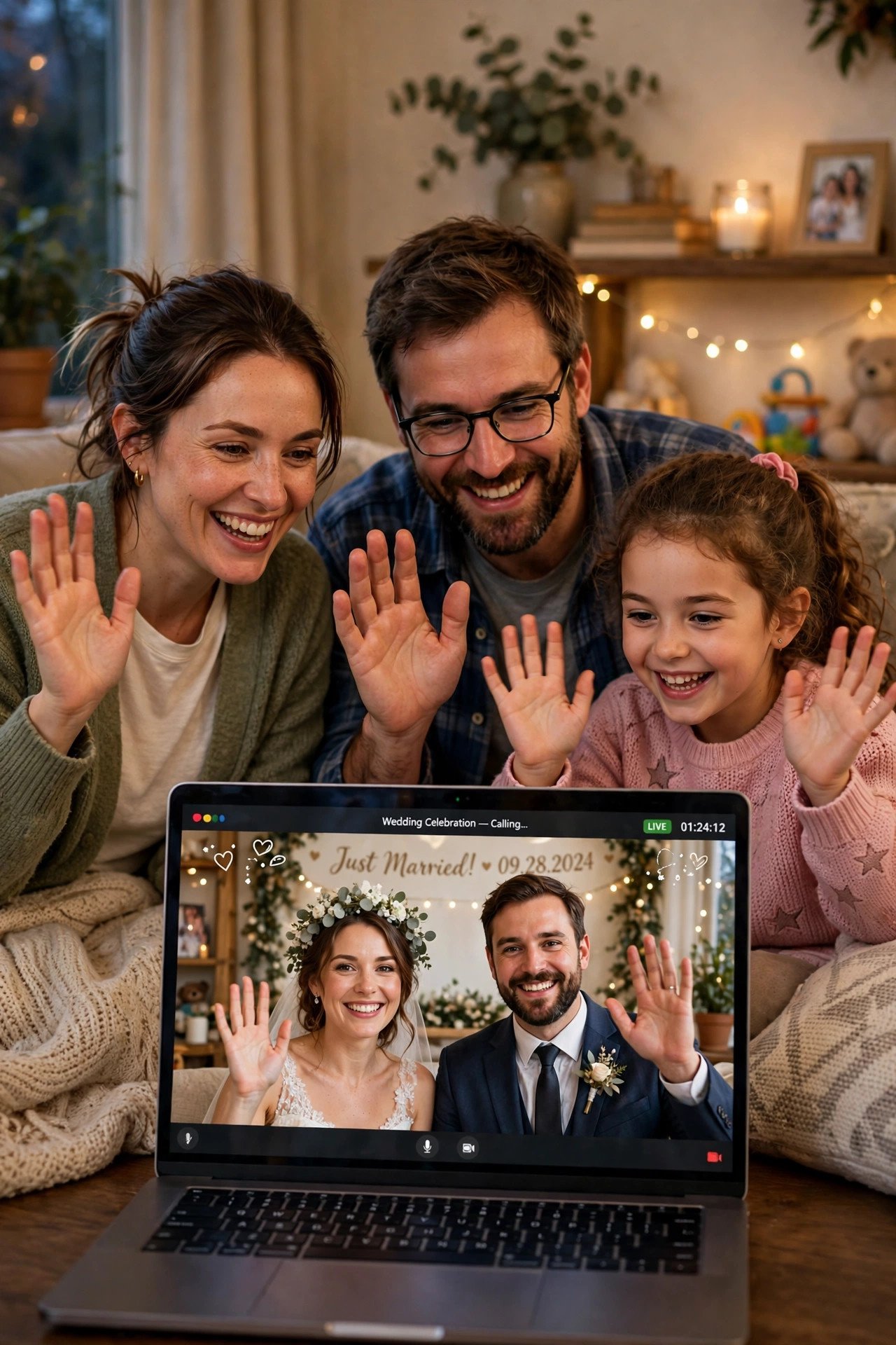Family waving on a video call celebrating the wedding from afar