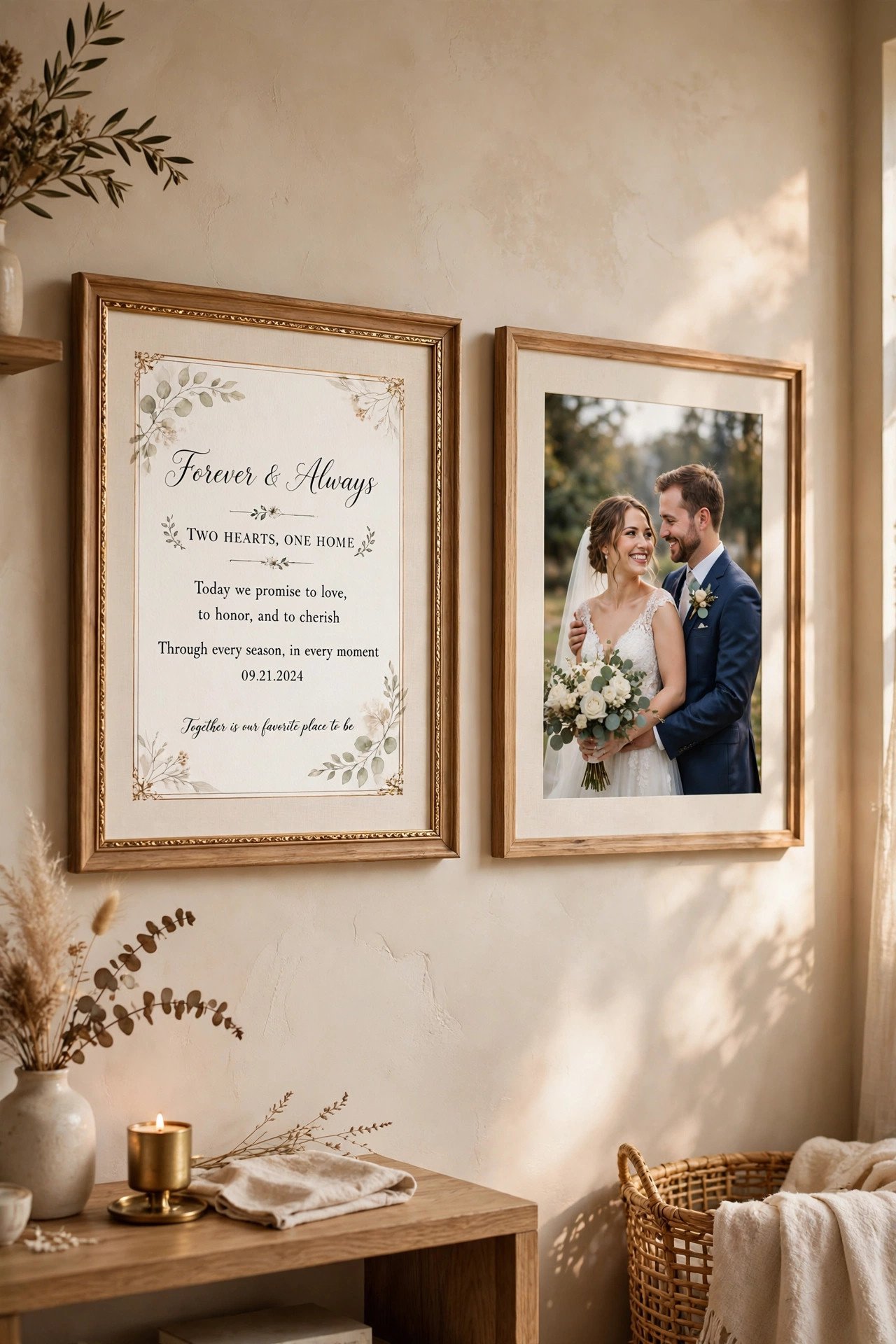 Framed wedding keepsake quote displayed with wedding photo