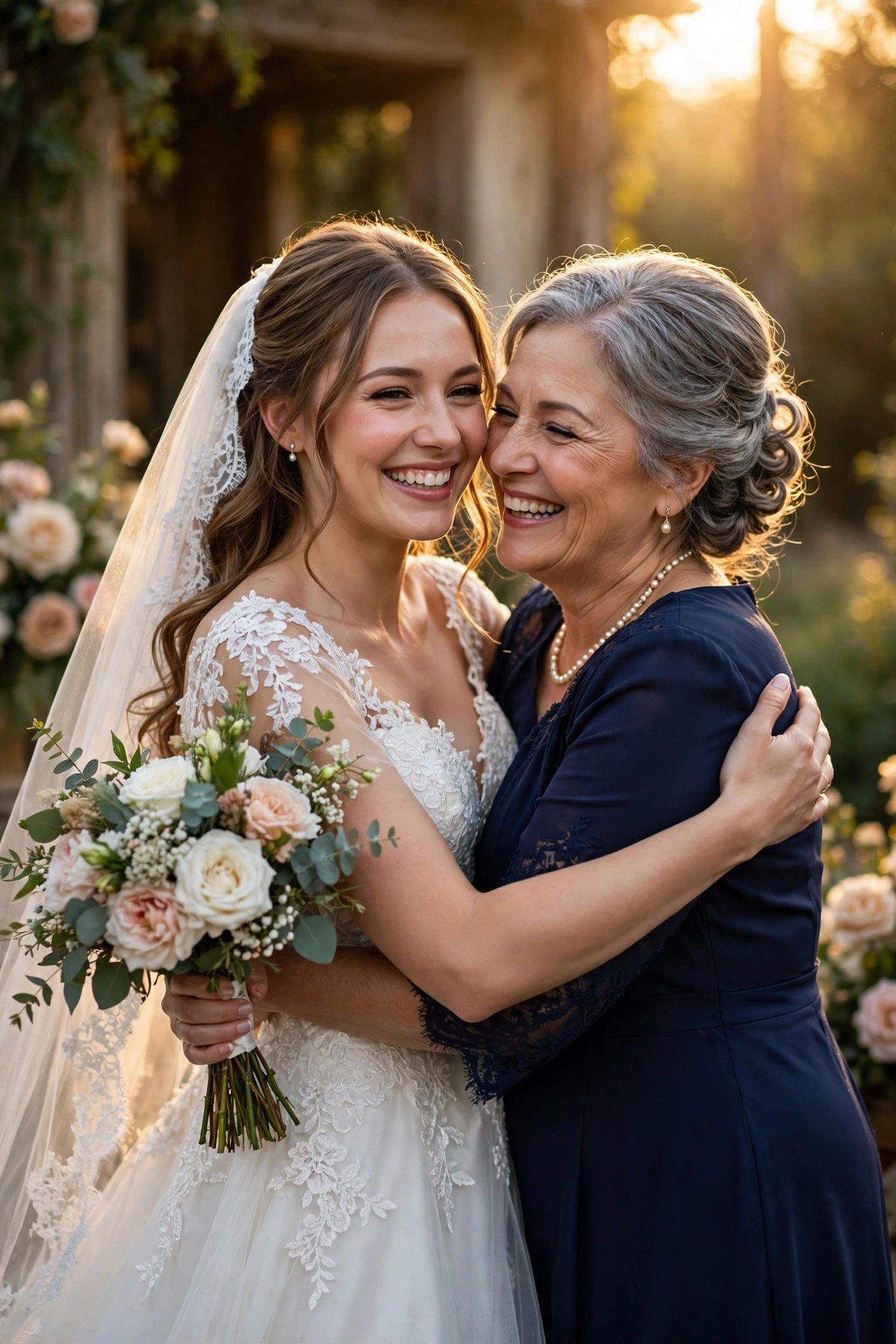 Radiant bride warmly embracing her smiling mother-in-law at the wedding