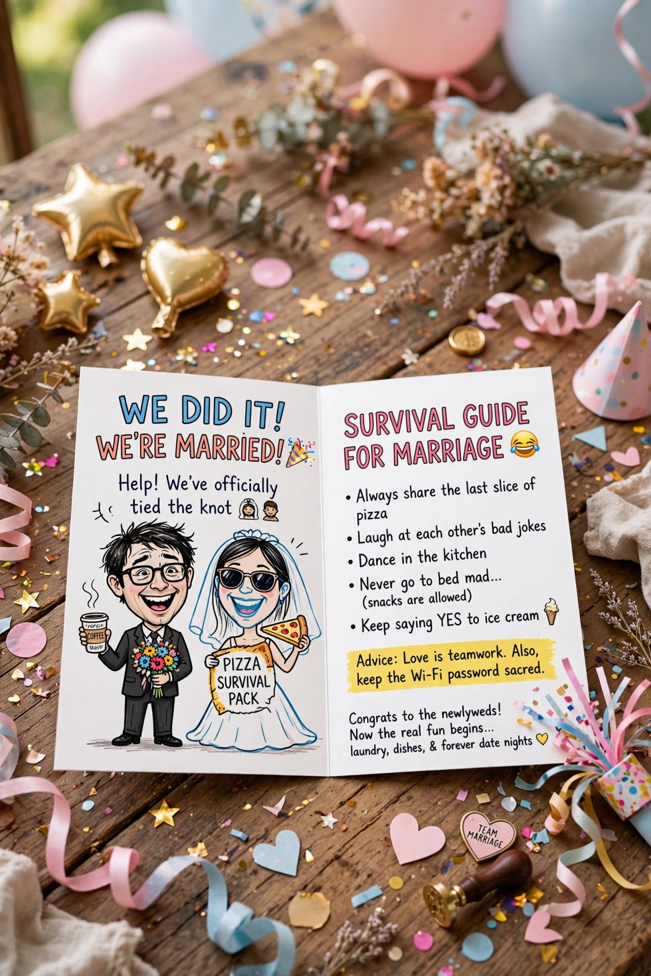 Funny wedding greeting card with playful design and confetti