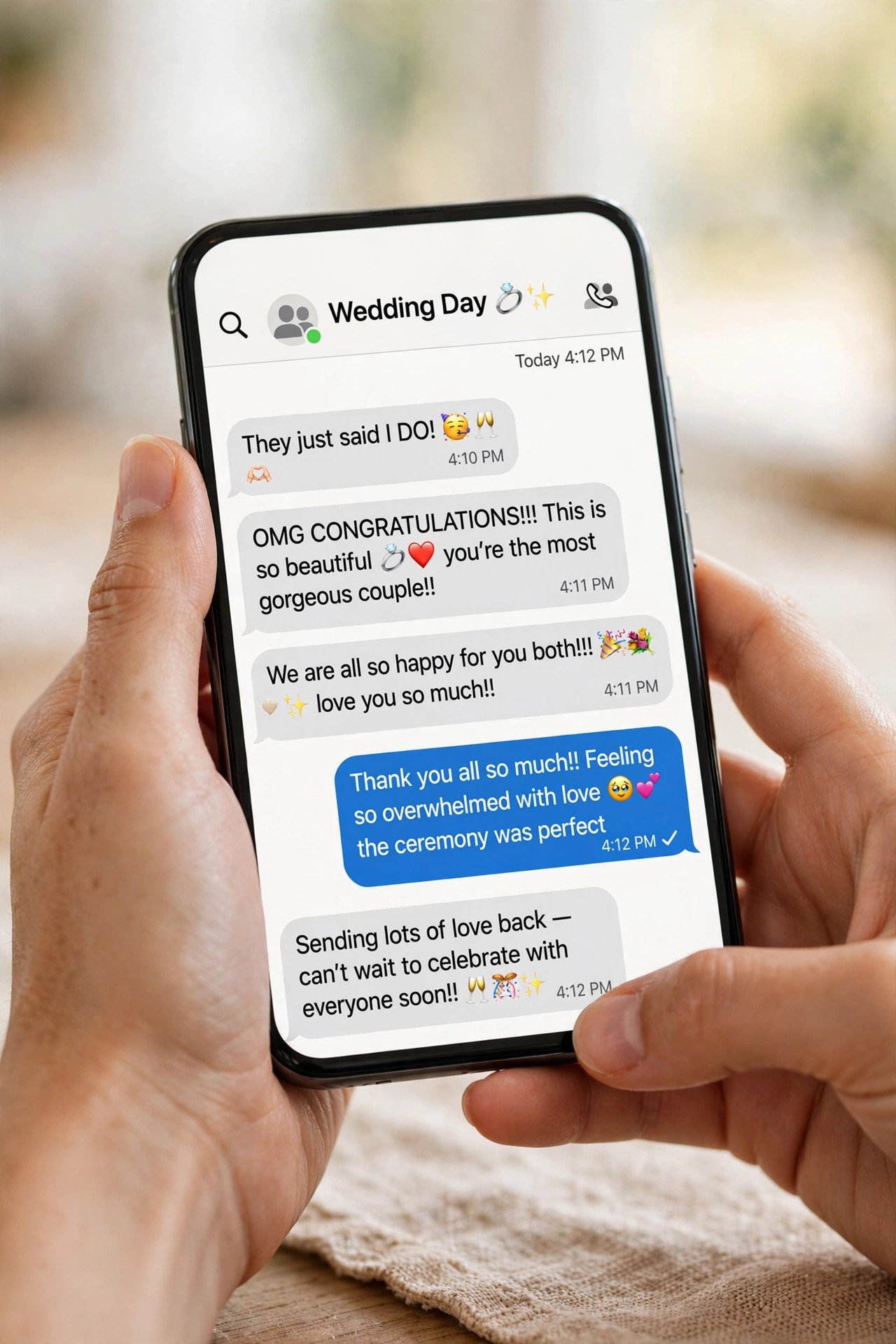 Hands holding smartphone with wedding congratulation messages