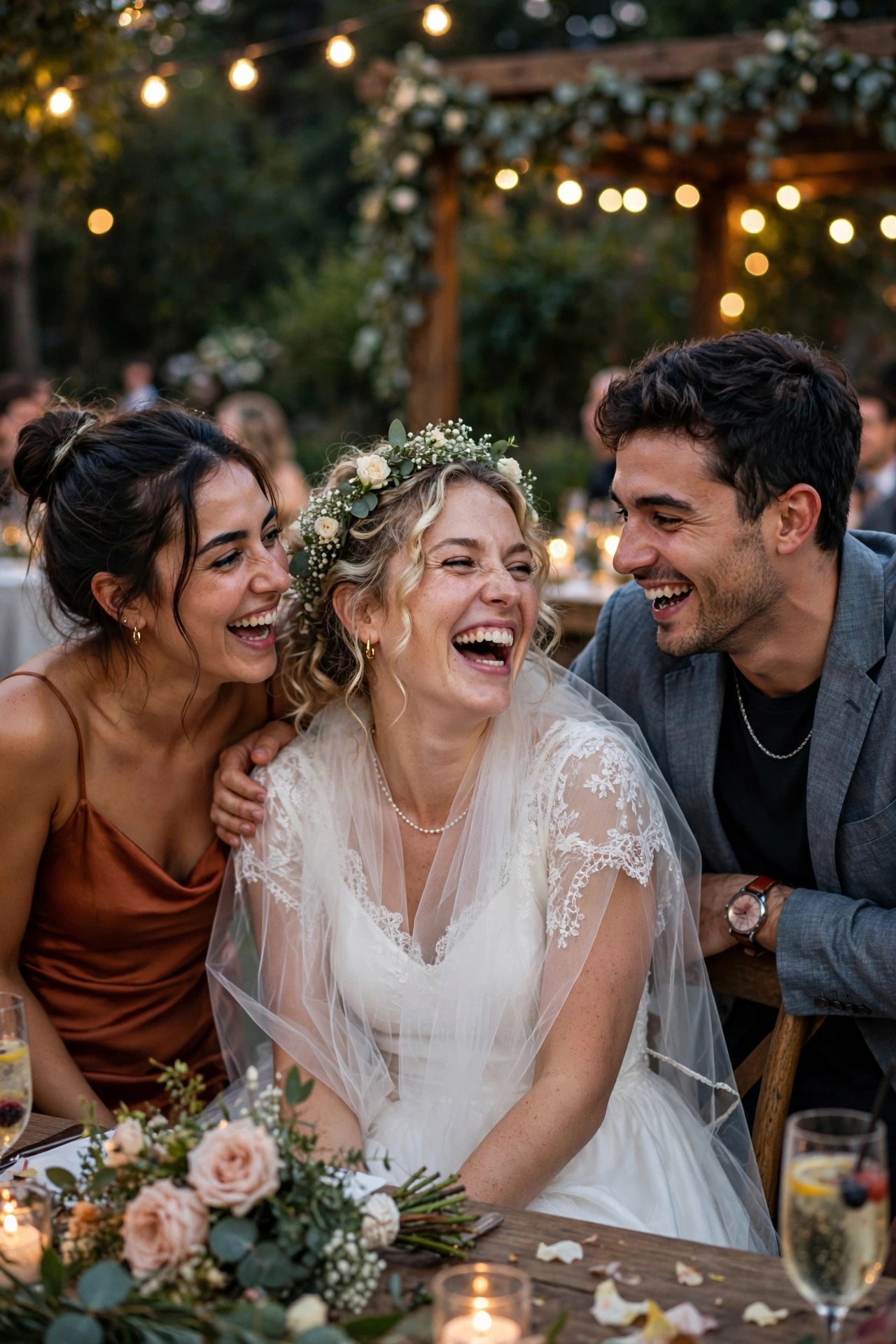 Friends playfully teasing a laughing bride at wedding reception
