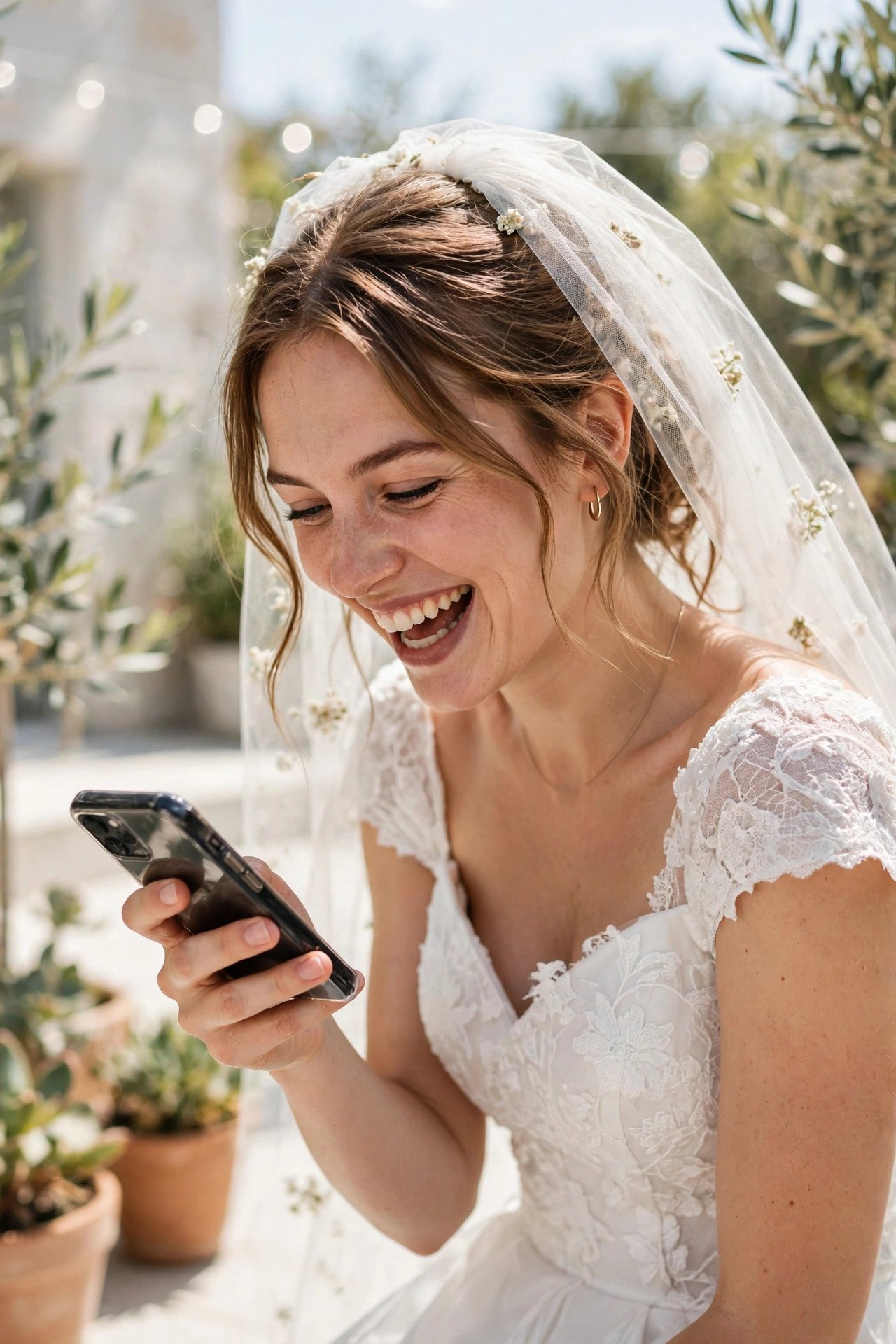 Bride laughing while looking at her phone in wedding dress