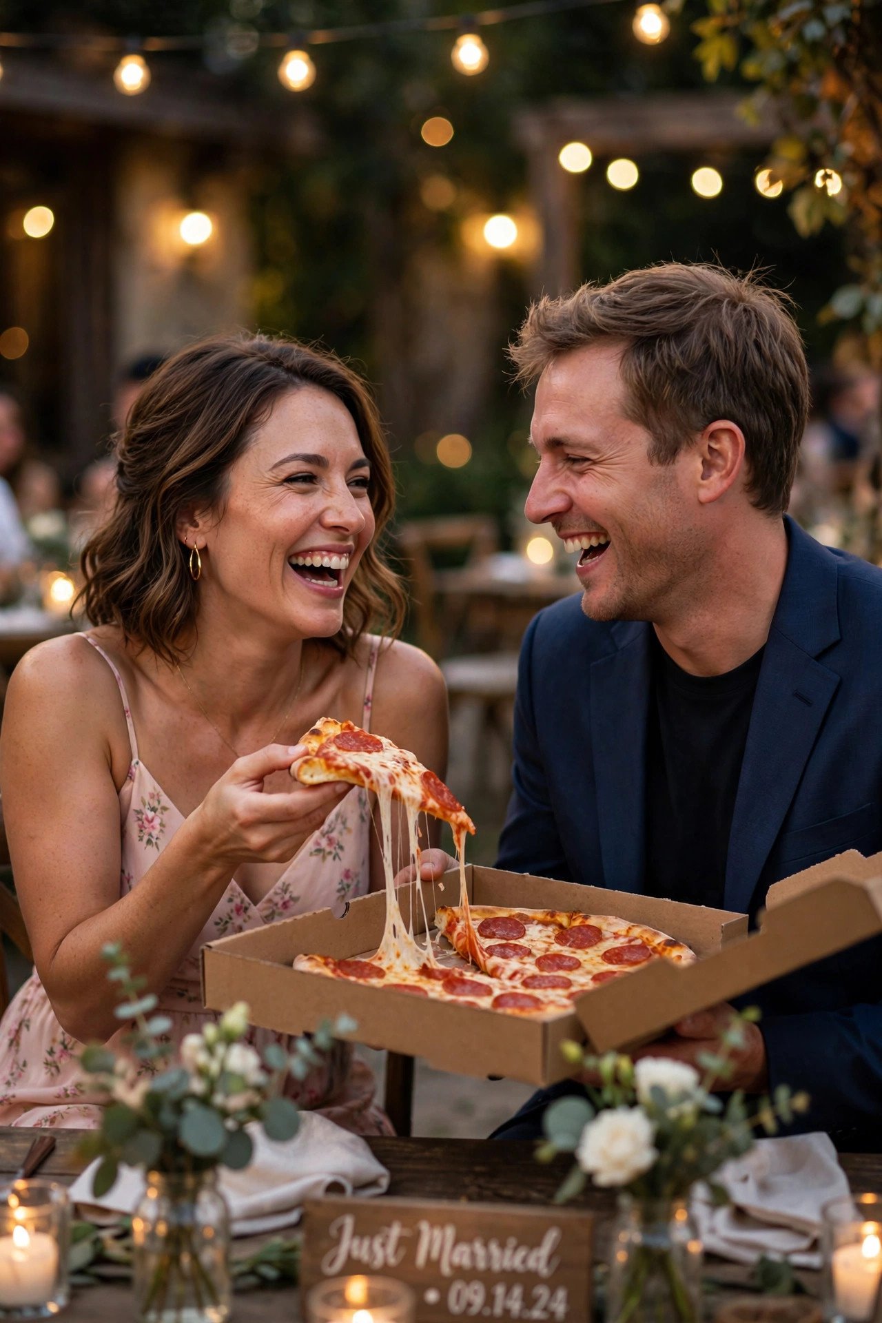 Happy couple sharing pizza and laughing at wedding after-party