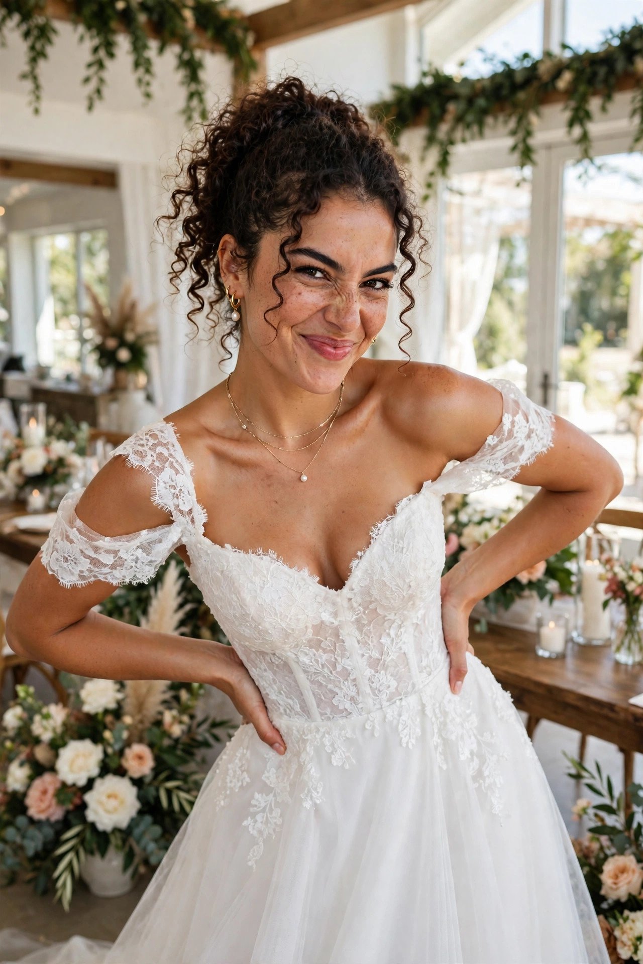 Confident bride striking a playful sassy pose in wedding gown