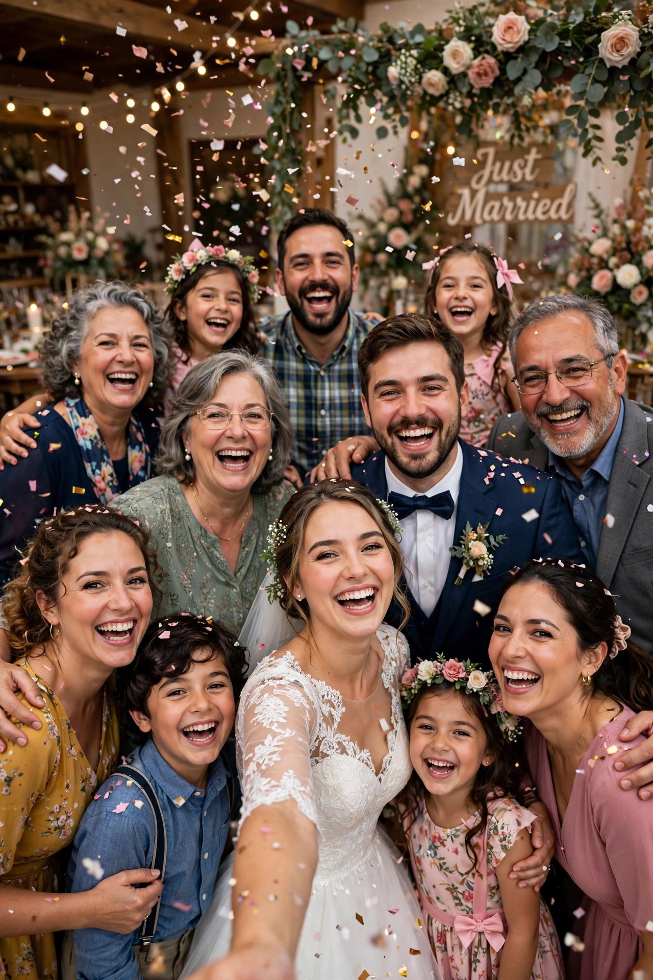 Big happy family taking a group selfie at a wedding celebration