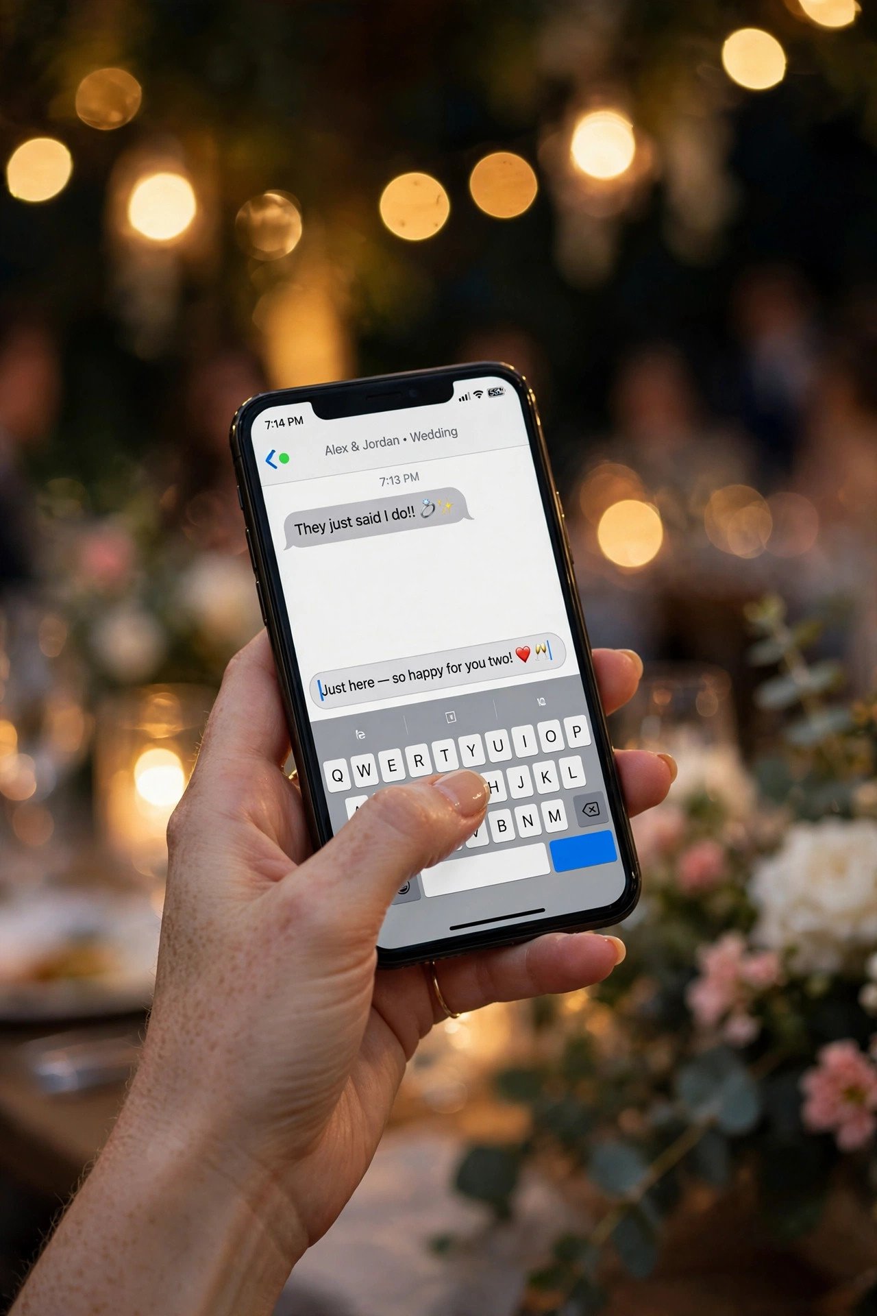Hand holding smartphone typing a quick happy message at a wedding party