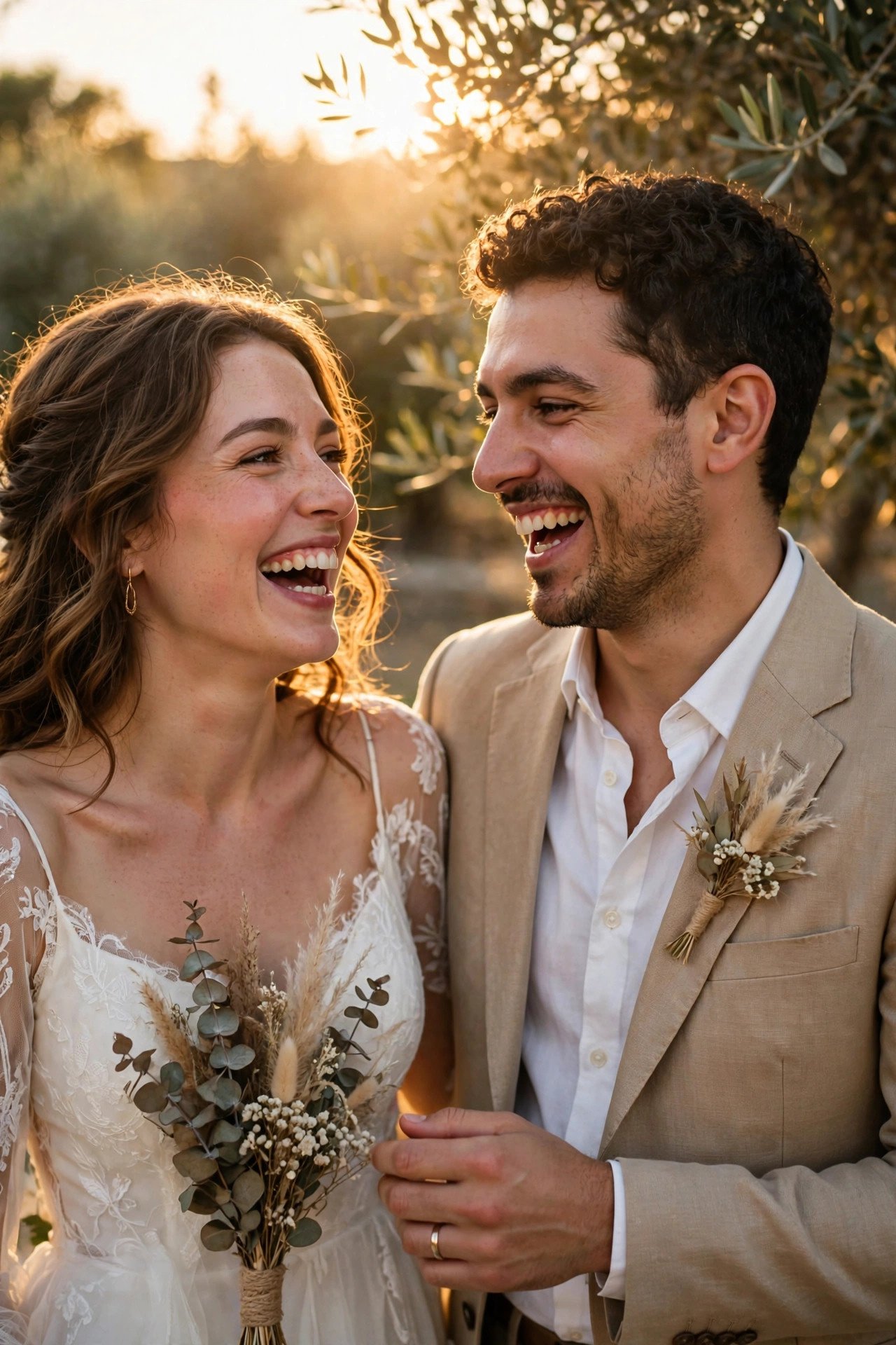 Happy couple laughing together in warm sunlight at their wedding