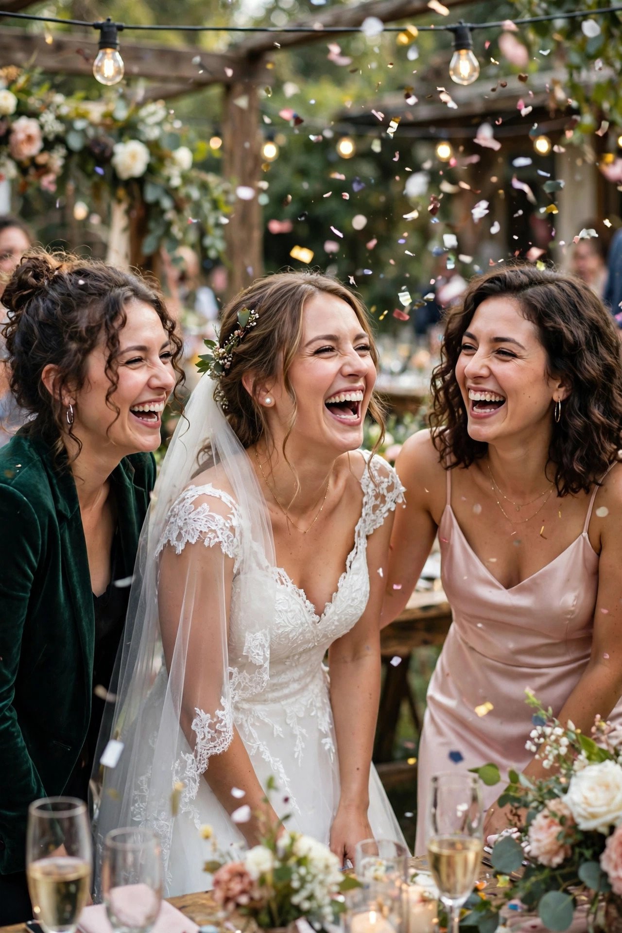 Bride laughing out loud with friends at a fun wedding party with confetti
