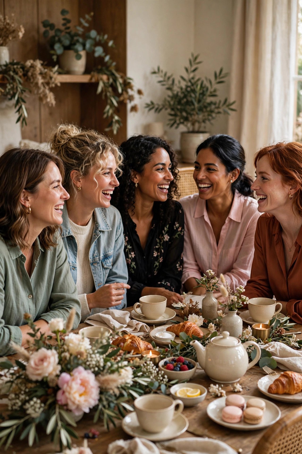 Relaxed bridal shower guests chatting and laughing together at tables
