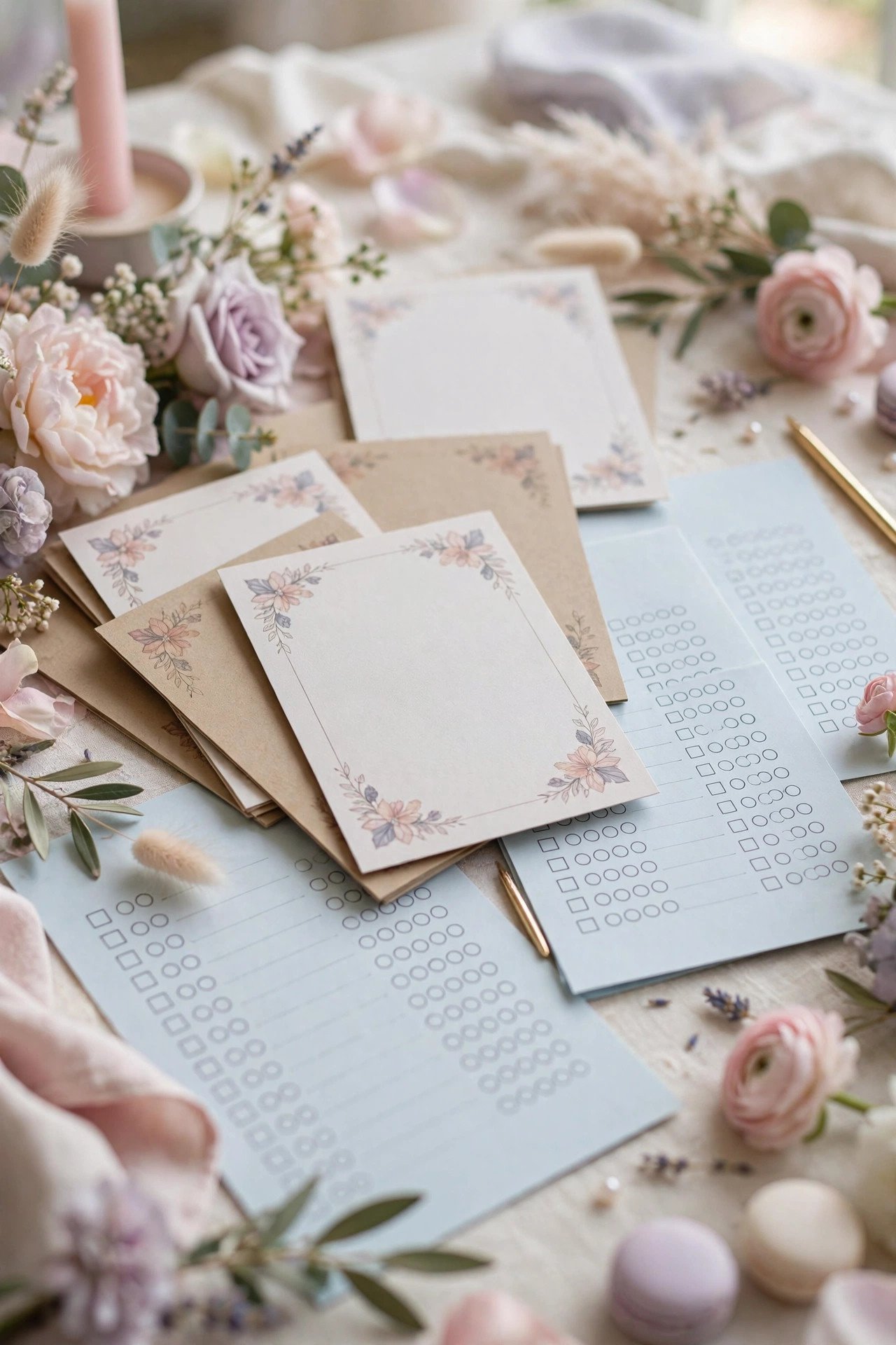 Elegant trivia question cards and answer sheets on a bridal shower table