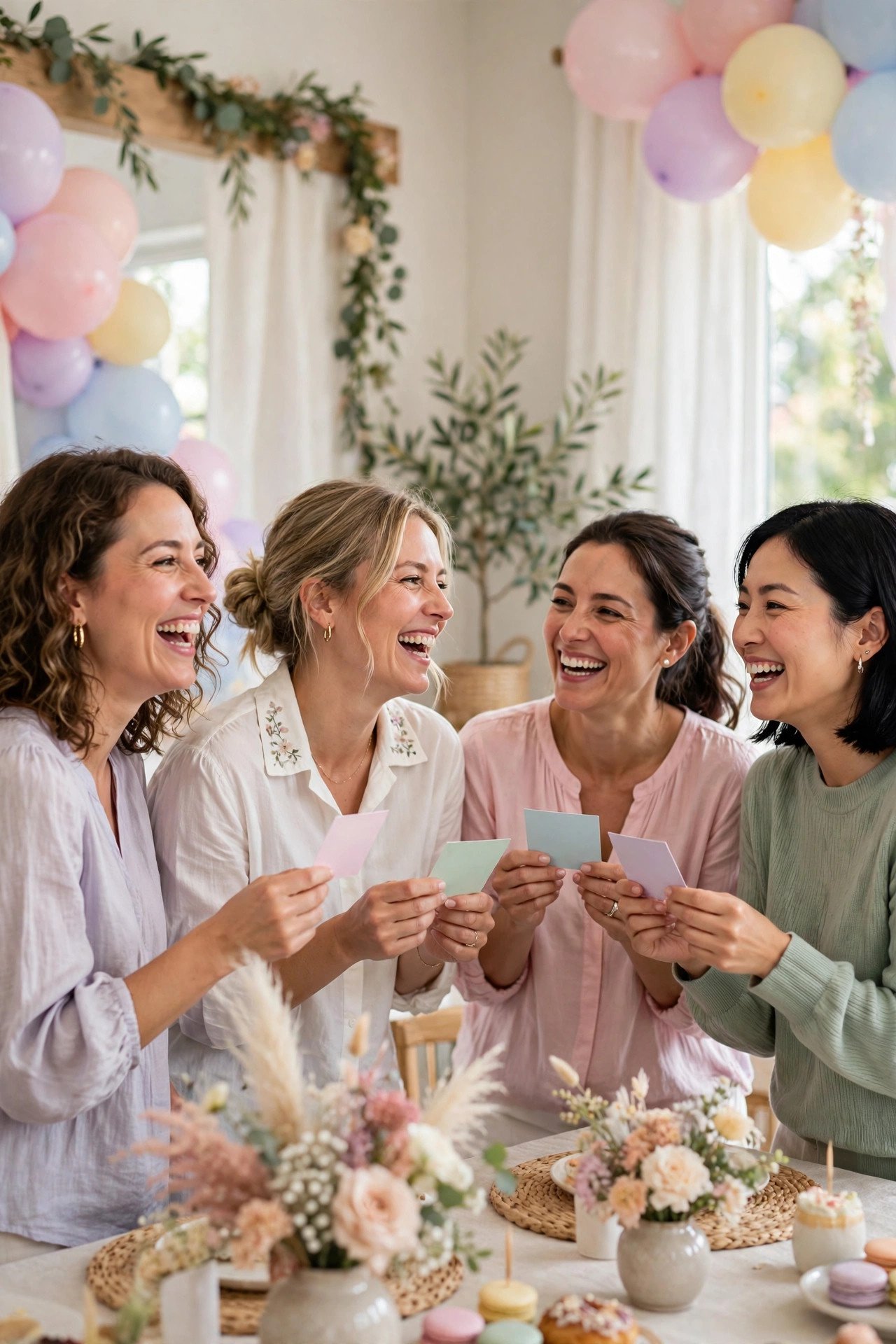 Bridal shower guests mingling and laughing during a quick icebreaker game