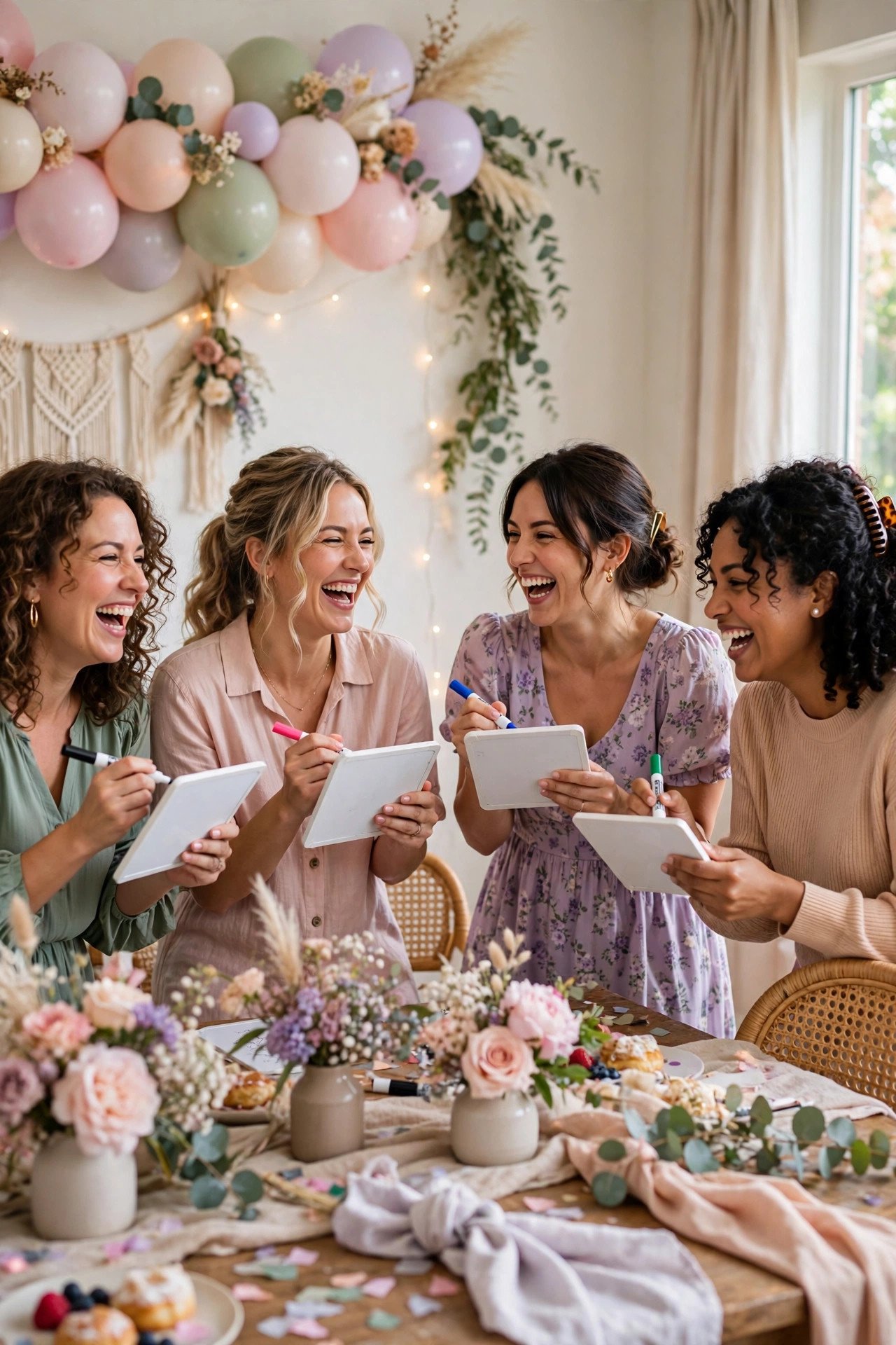 Women playing an upgraded pictionary drawing game at a bridal shower party