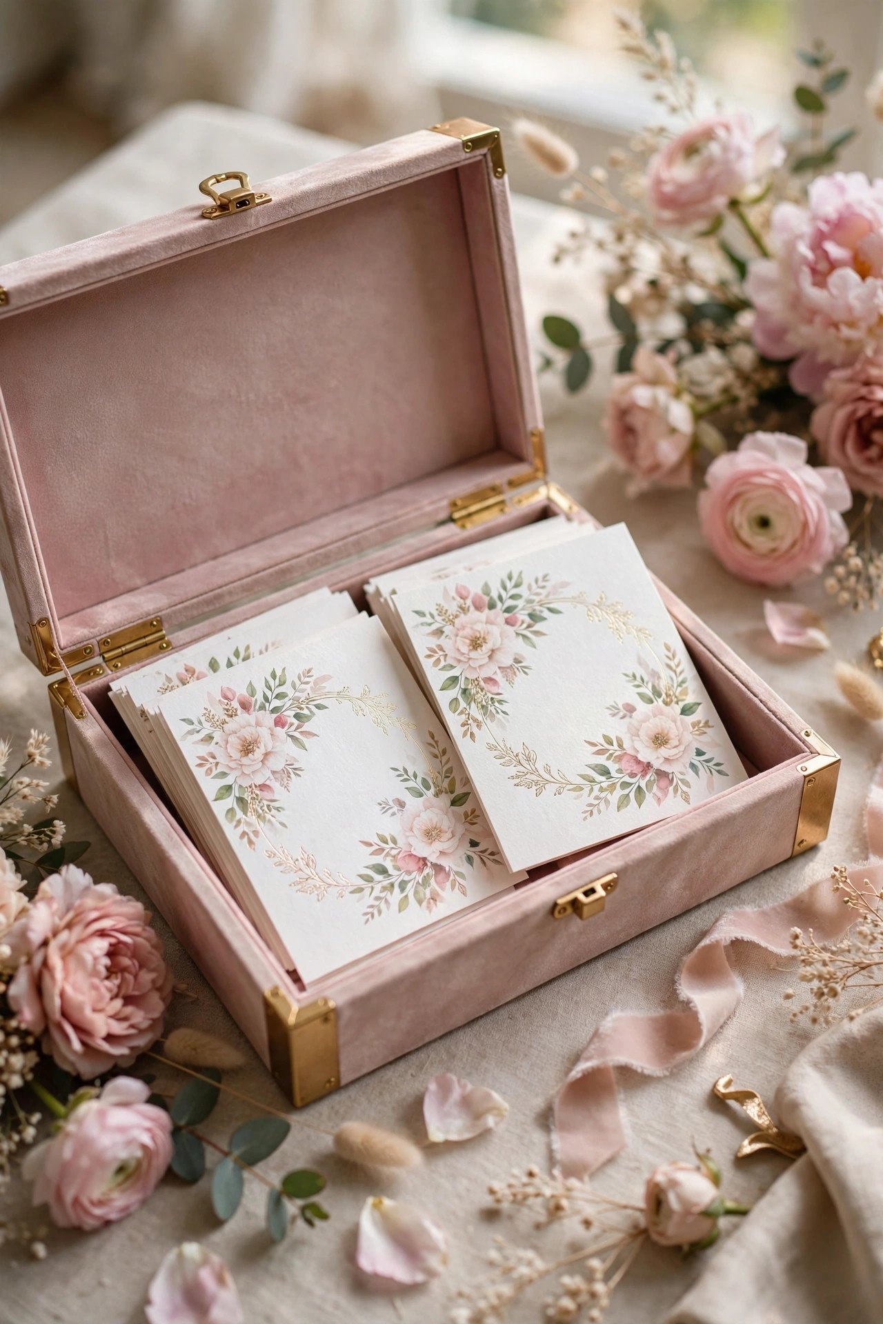 Beautifully designed marriage advice cards in a keepsake box at a bridal shower
