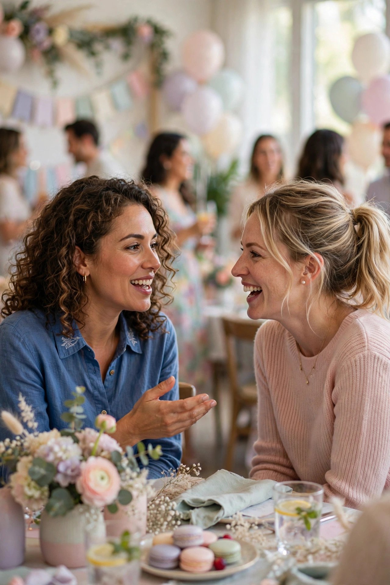 Two women chatting warmly at a bridal shower during speed friending rounds