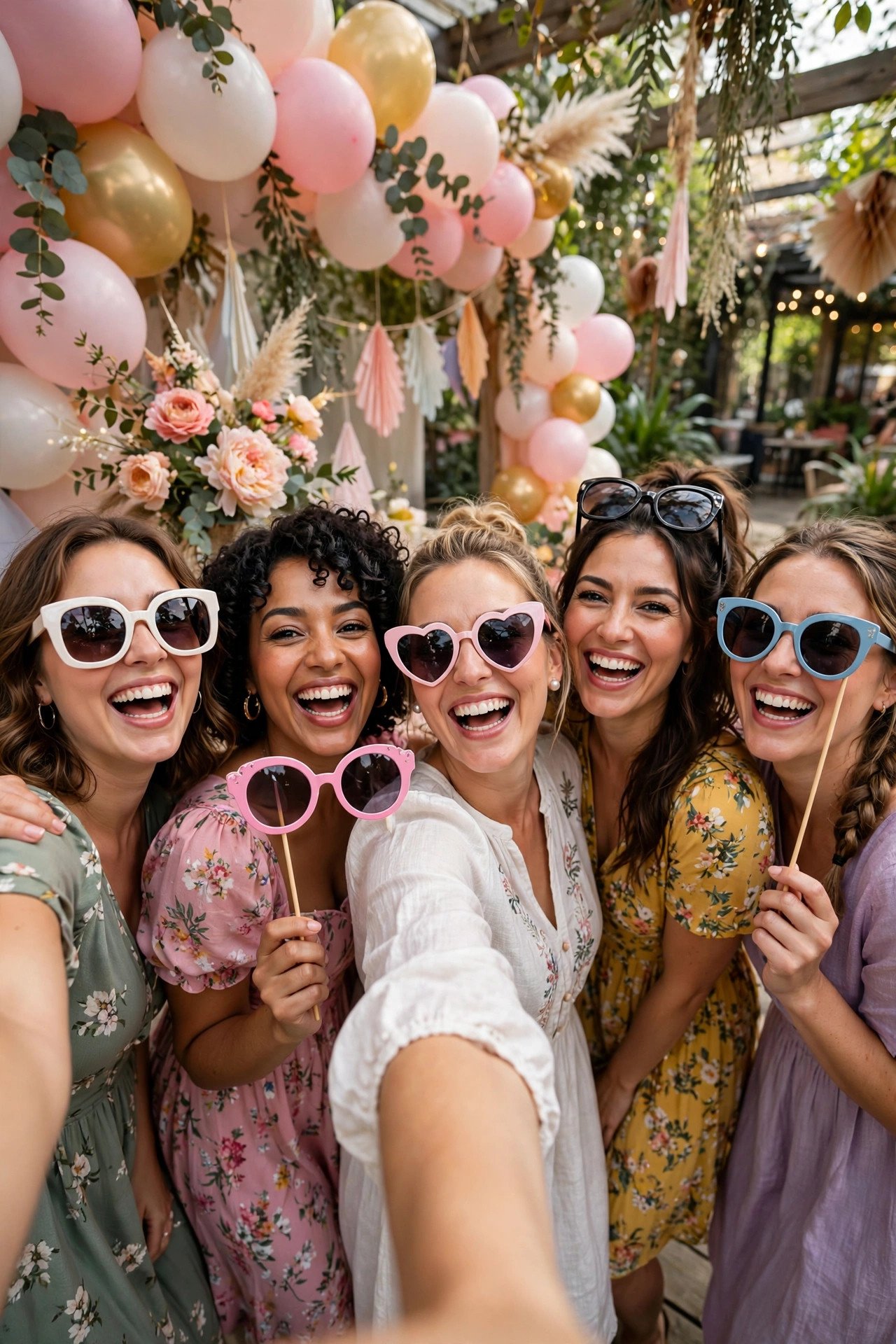 Bridal shower guests taking fun photos with props during a photo challenge