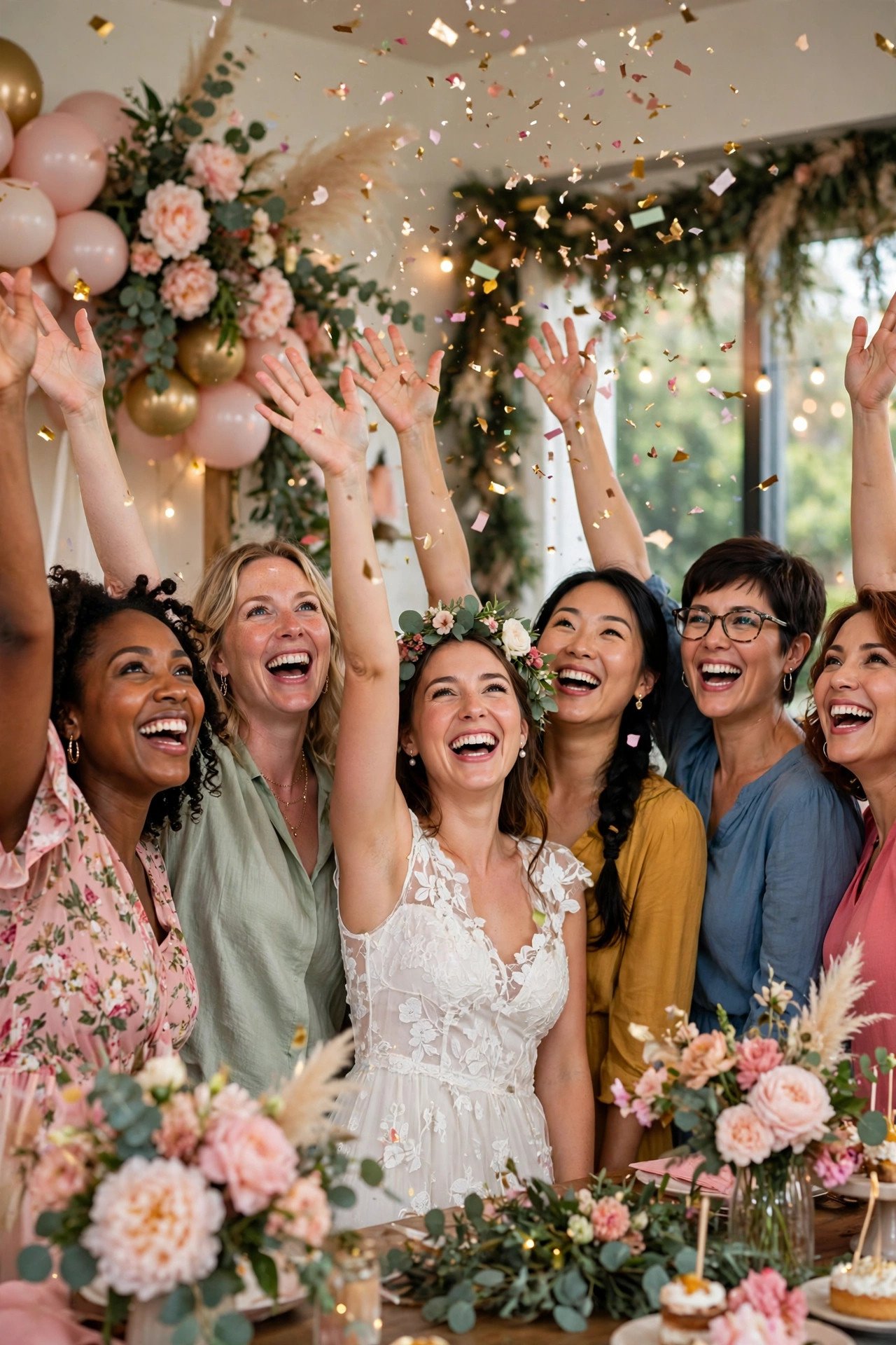 Whole bridal shower group cheering together with confetti at the party finale